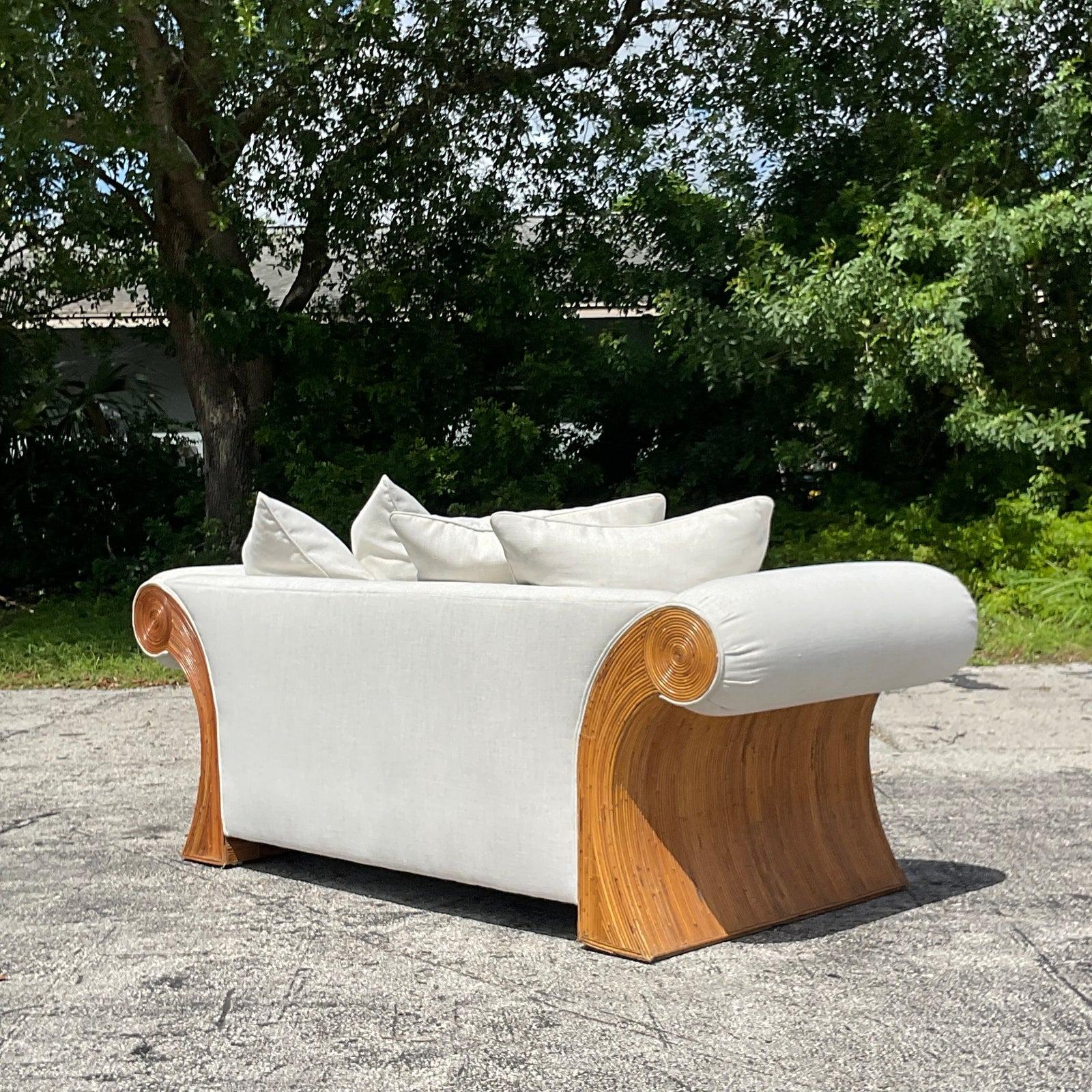 Vintage Coastal Pencil Reed Roll Arm Sofa 2
