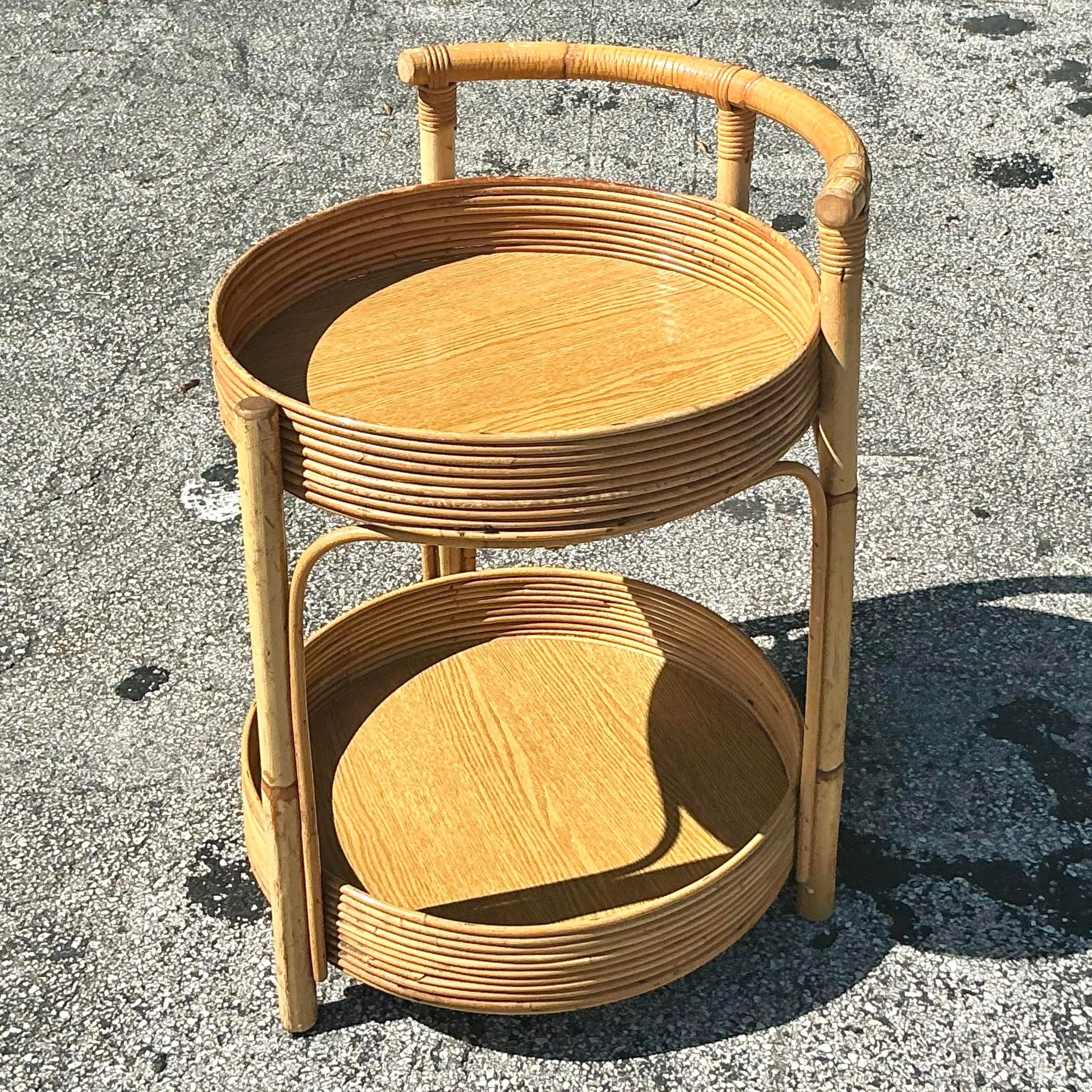 Apportez les vibrations décontractées de la côte dans votre maison avec ce captivant chariot de bar rond en roseau crayon vintage. Parfaite pour recevoir des invités ou pour ajouter une touche de charme balnéaire à votre espace, cette pièce unique