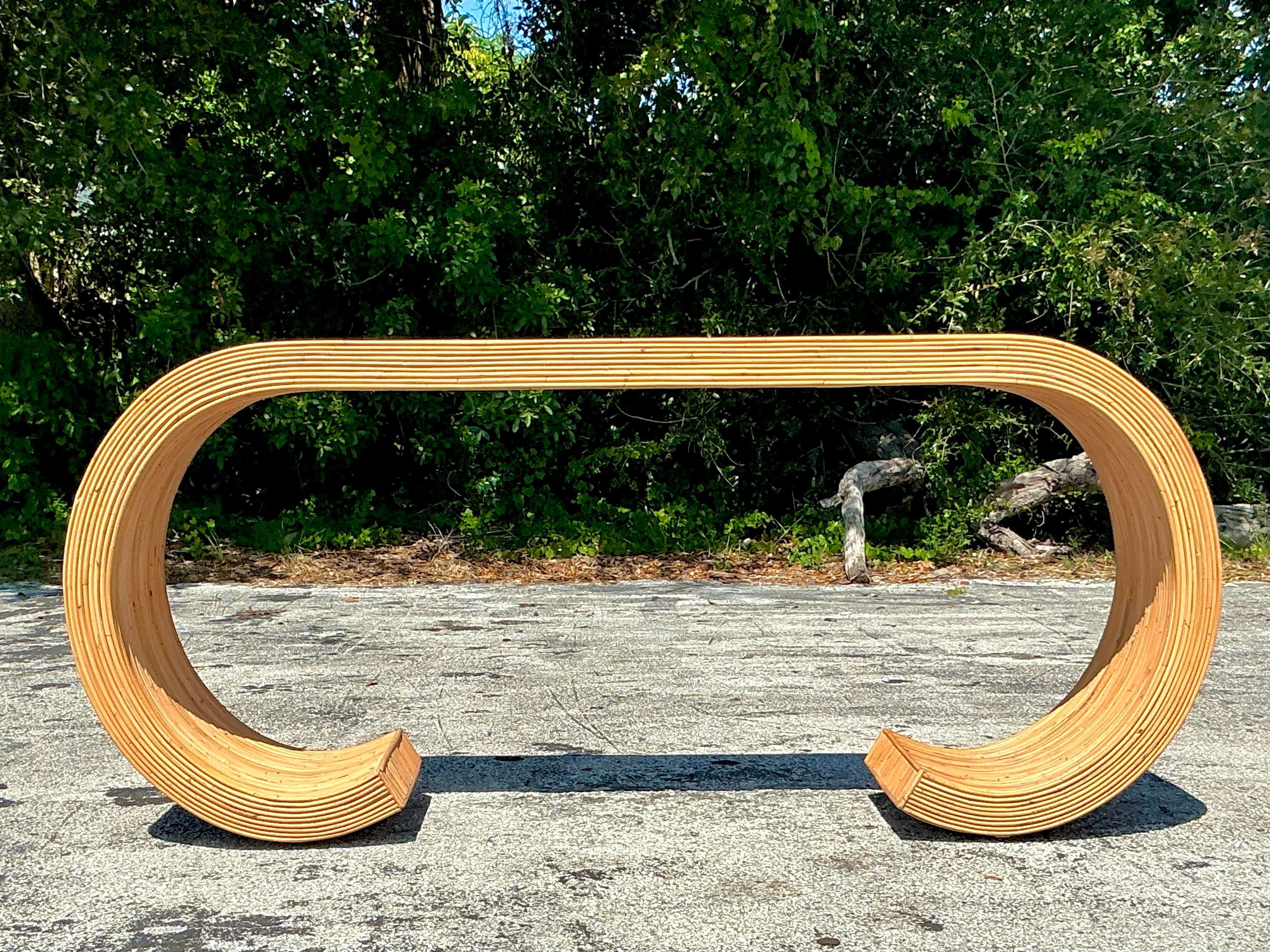 Philippine Vintage Coastal Pencil Reed Scroll Console Table