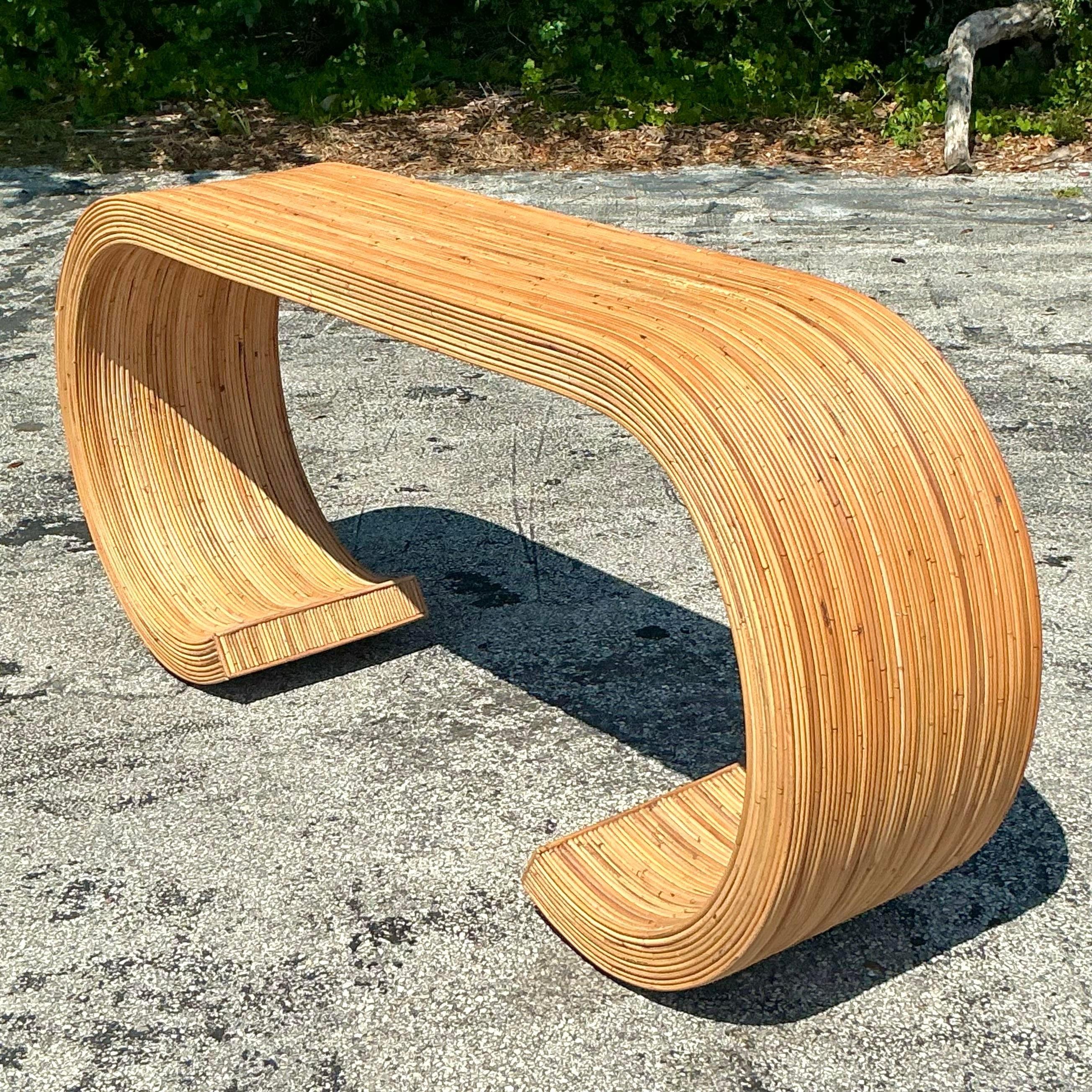 Vintage Coastal Pencil Reed Scroll Console Table In Good Condition In West Palm Beach, FL