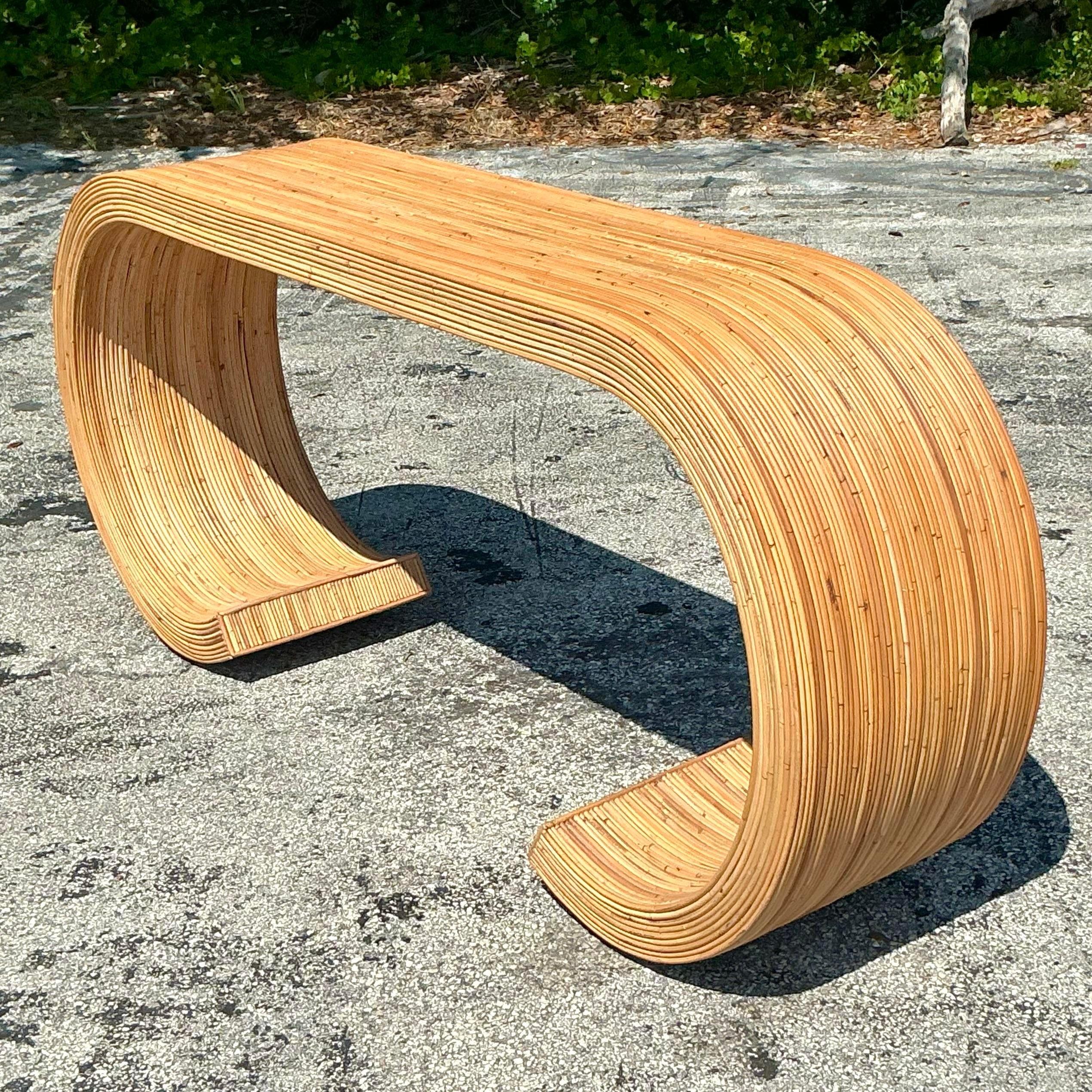 Vintage Coastal Pencil Reed Scroll Console Table 1