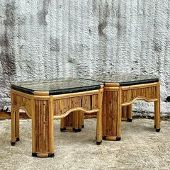 Vintage Coastal Pencil Reed Side Tables - a Pair