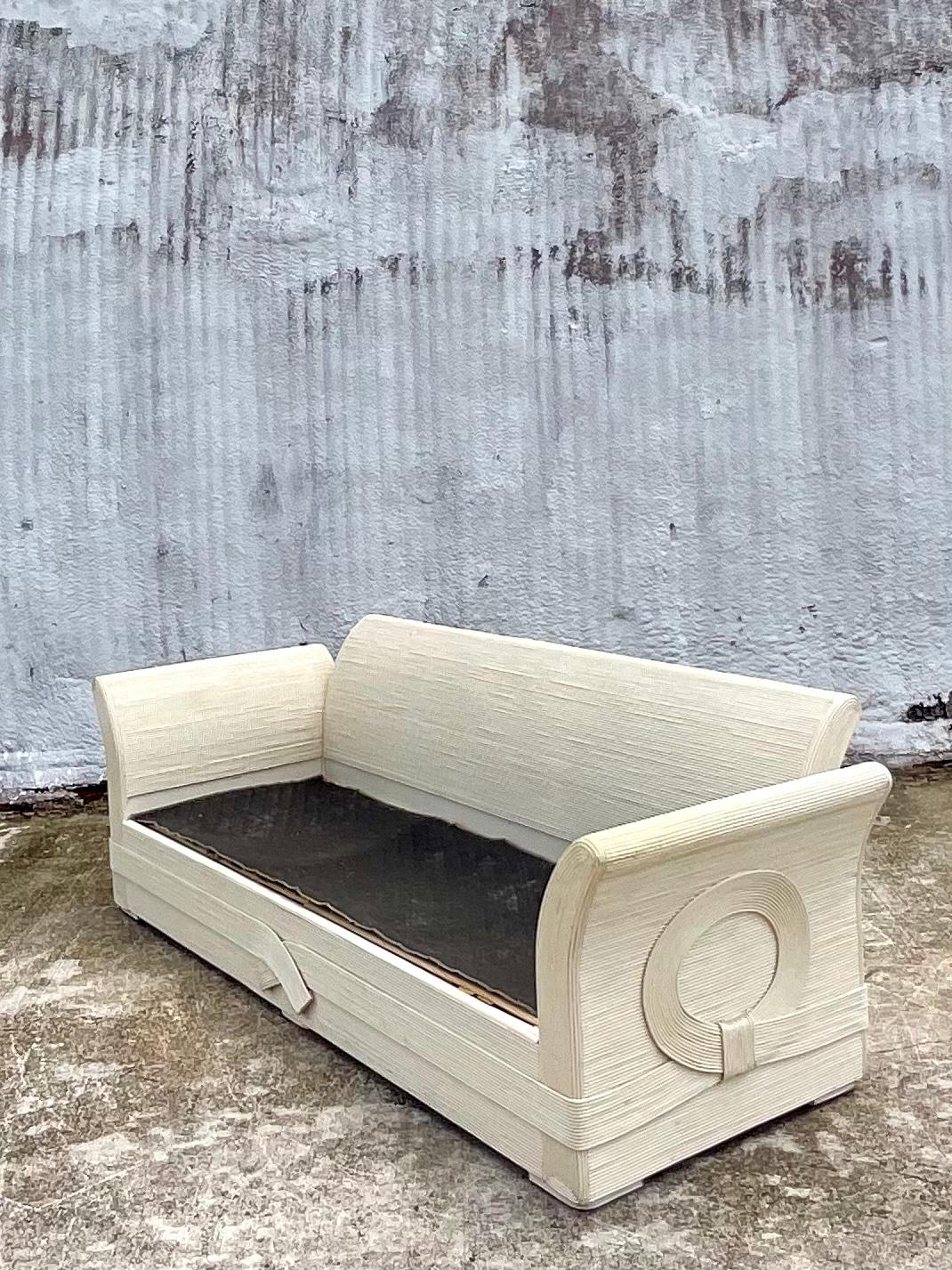 Painted Vintage Coastal Pencil Reed Sofa After Betty Cobonpue