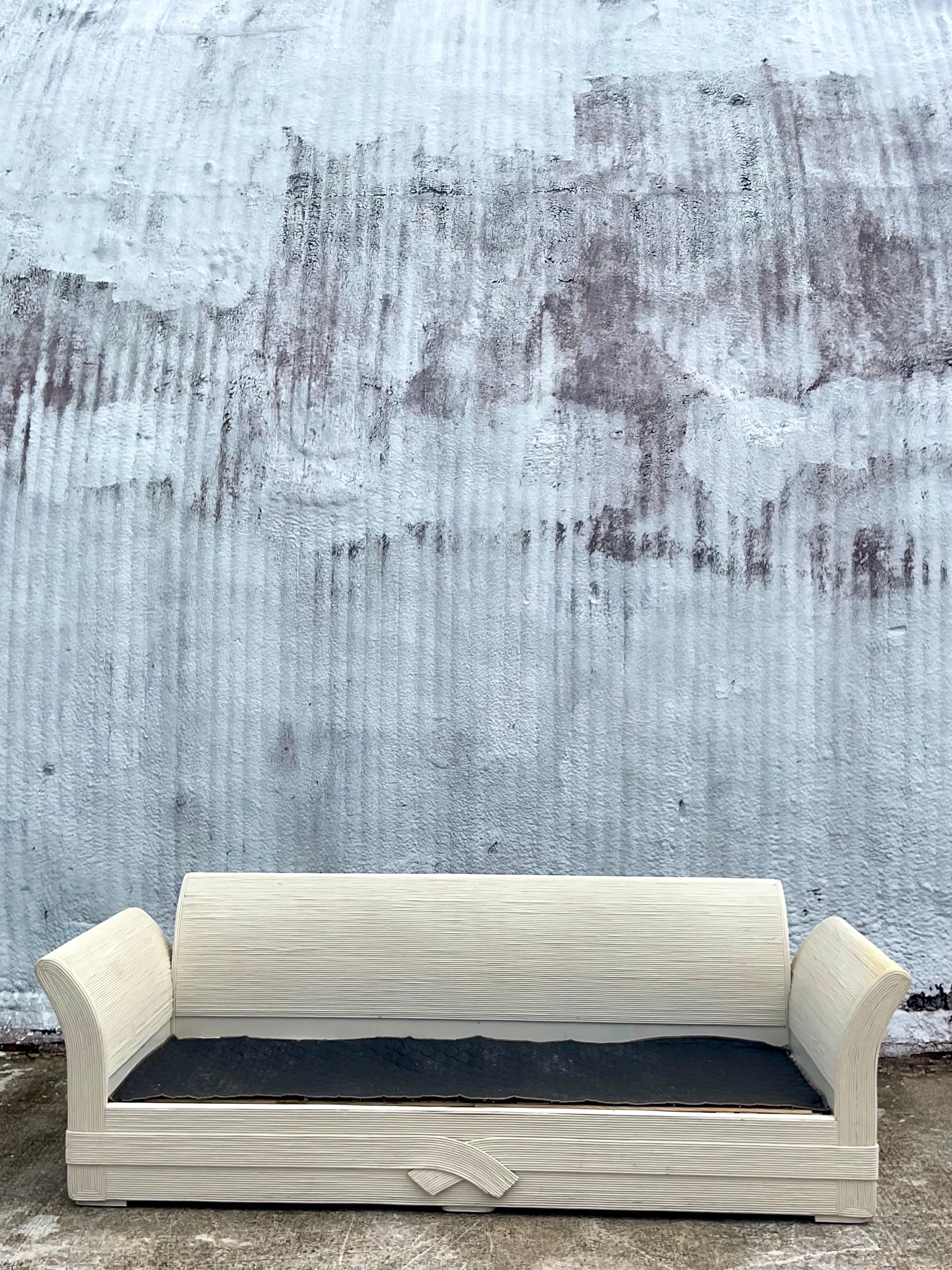 Vintage Coastal Pencil Reed Sofa After Betty Cobonpue In Good Condition In West Palm Beach, FL