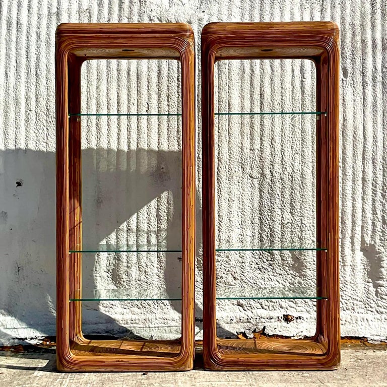 80 Reed Place Vintage Coastal Pencil Reed Sunburst Etagere, Pair For Sale at 1stDibs