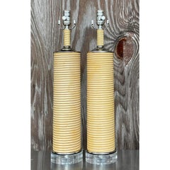 Vintage Coastal Pencil Reed Table Lamps, a Pair