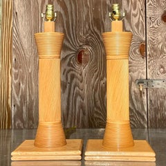Vintage Coastal Pencil Reed Table Lamps - a Pair