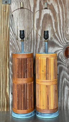 Vintage Coastal Pencil Reed Table Lamps - a Pair