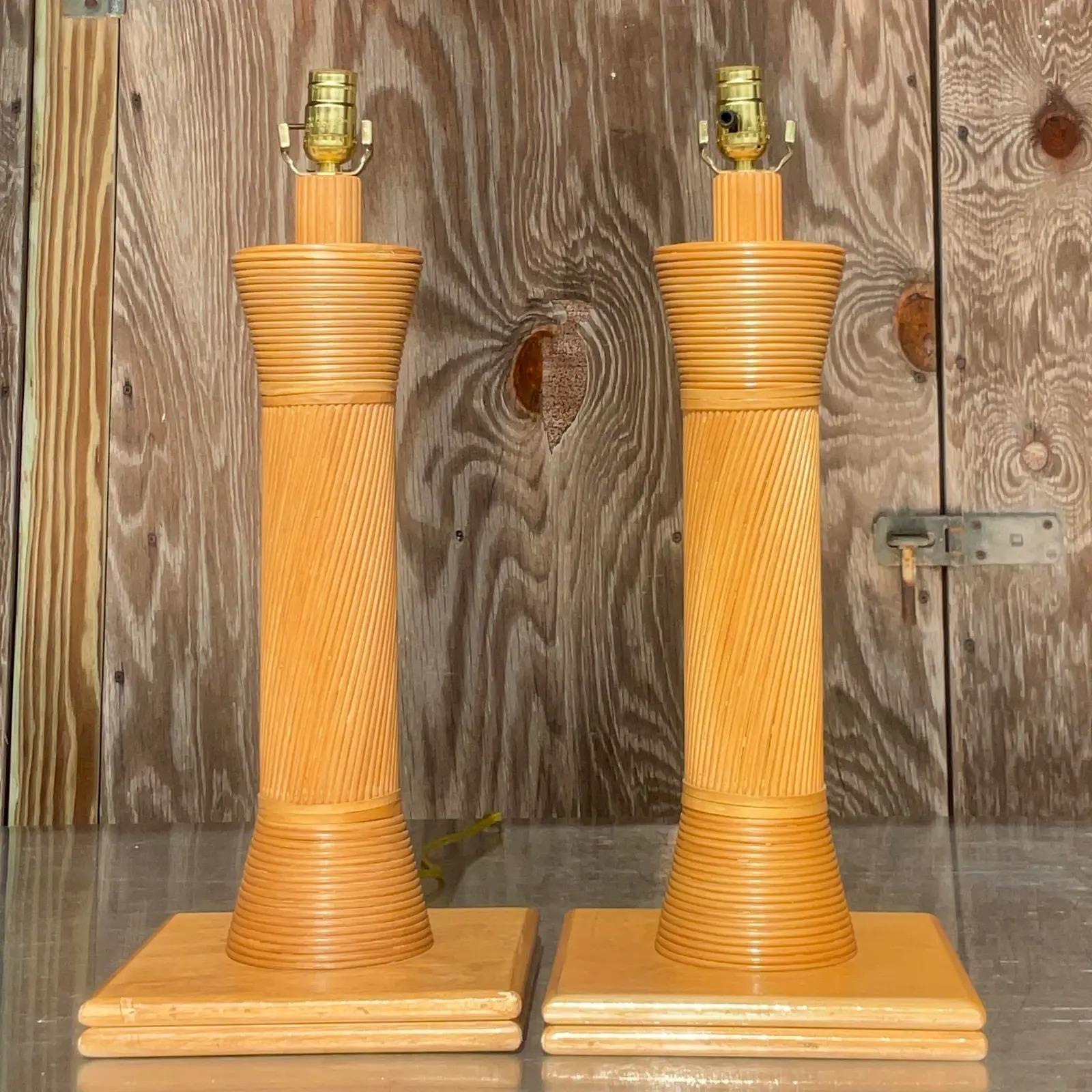North American Vintage Coastal Pencil Reed Table Lamps - a Pair For Sale