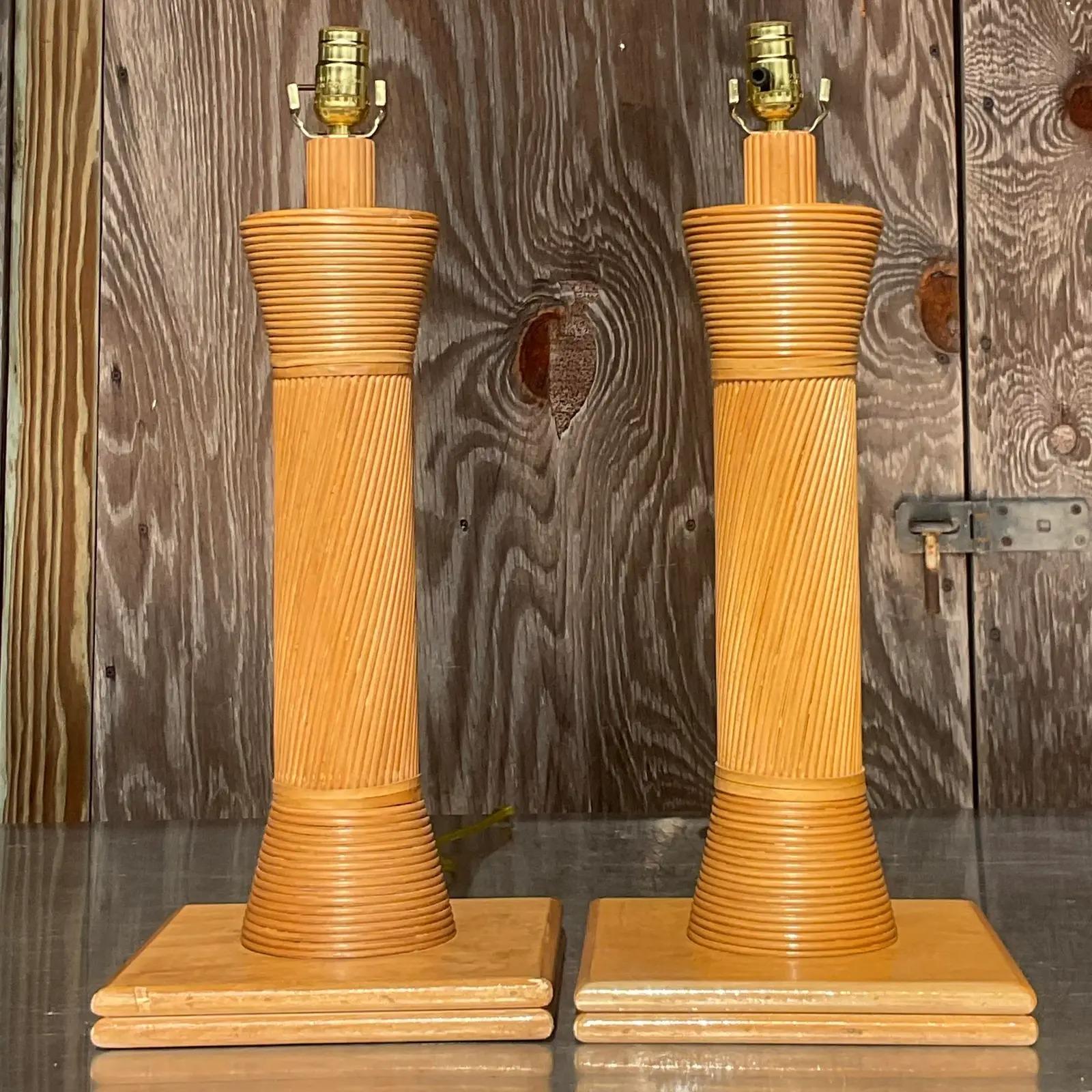 Vintage Coastal Pencil Reed Table Lamps - a Pair In Good Condition For Sale In west palm beach, FL
