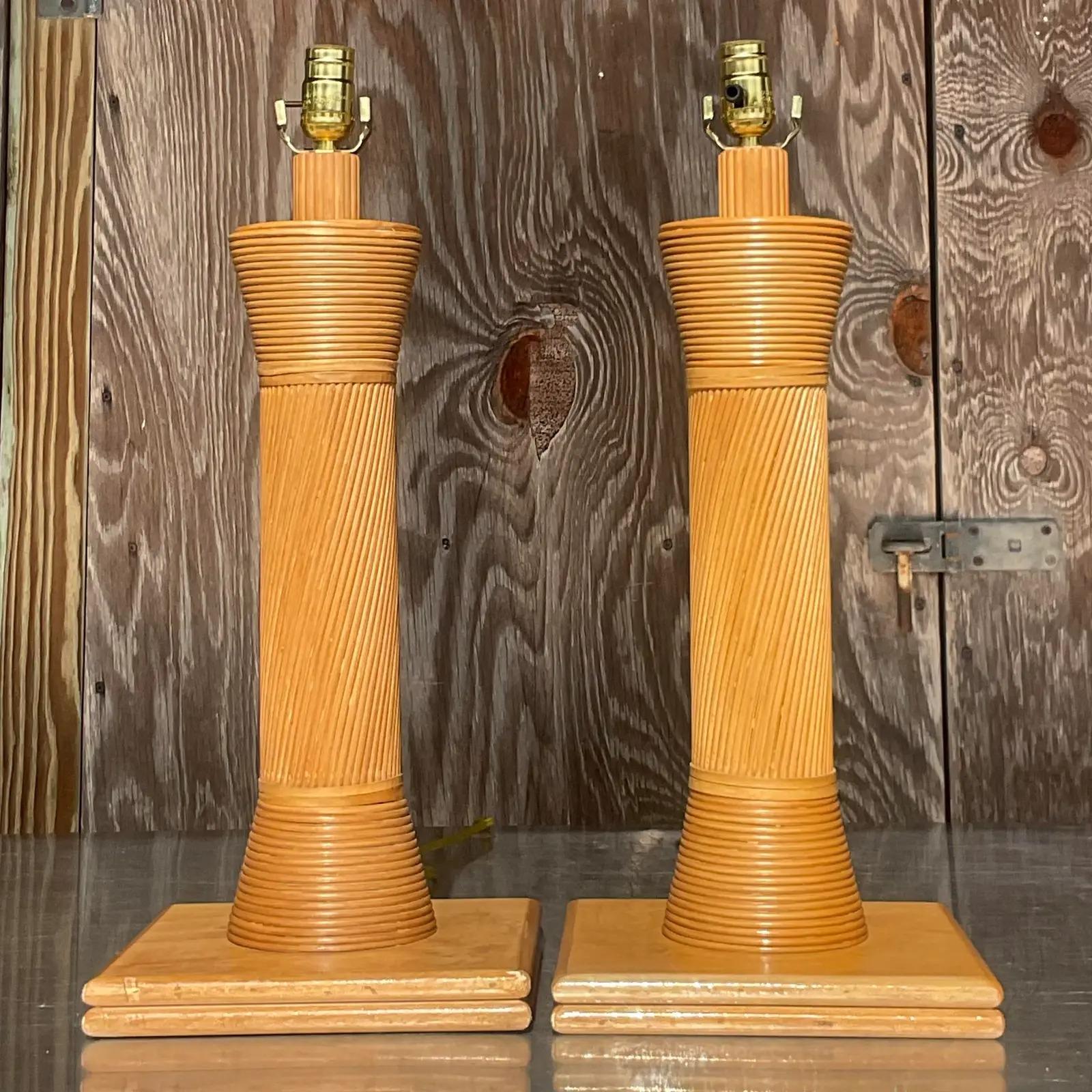 Vintage Coastal Pencil Reed Table Lamps - a Pair For Sale 1