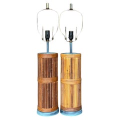 Used Coastal Pencil Reed Table Lamps - a Pair