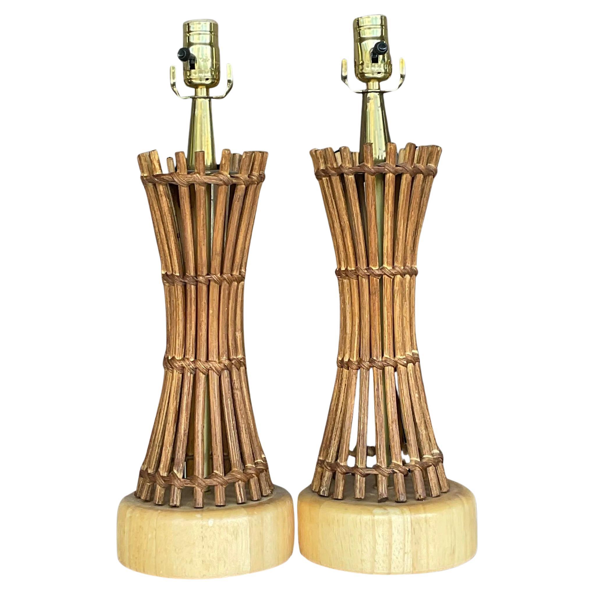 Vintage Coastal Pencil Reed Table Lamps - a Pair For Sale