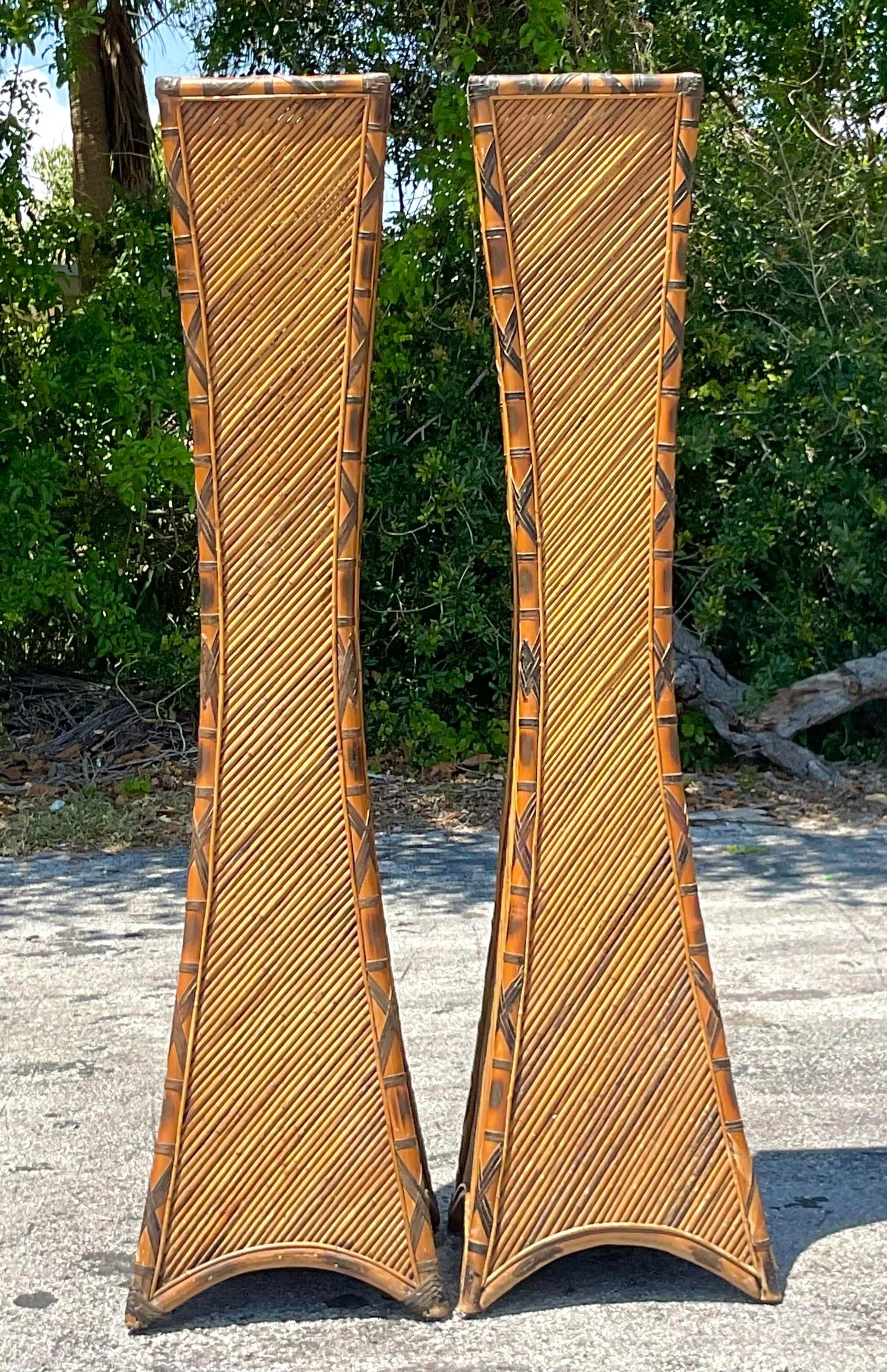 Vintage Coastal Pencil Reed Torchere Lamps - a Pair In Good Condition For Sale In west palm beach, FL