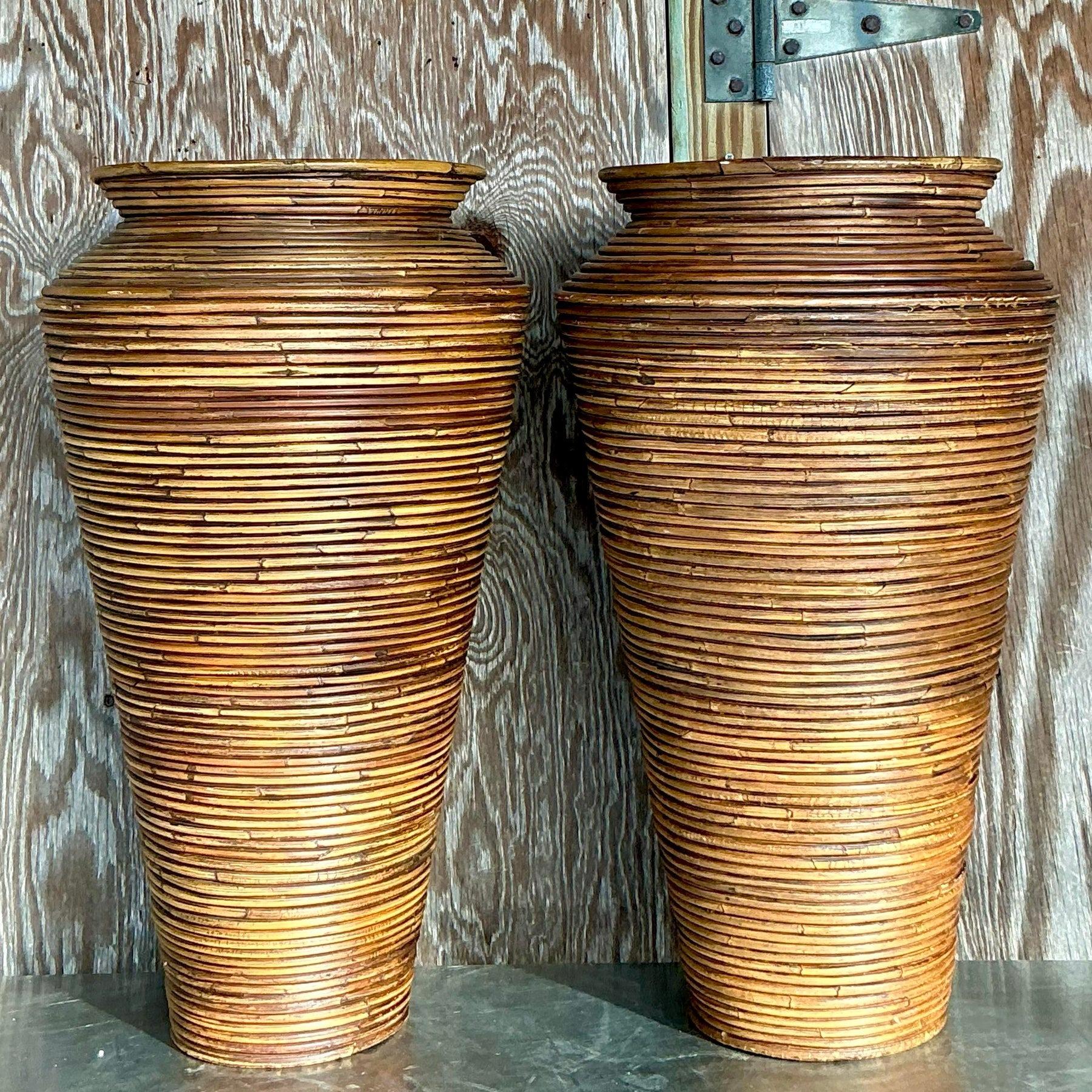Eleganza della coppia di vasi costieri d'epoca in giunco. Realizzati con intricati dettagli in giunco, questi vasi emanano una consistenza naturale e un fascino costiero senza tempo. I toni neutri e il design organico li rendono pezzi d'arredamento