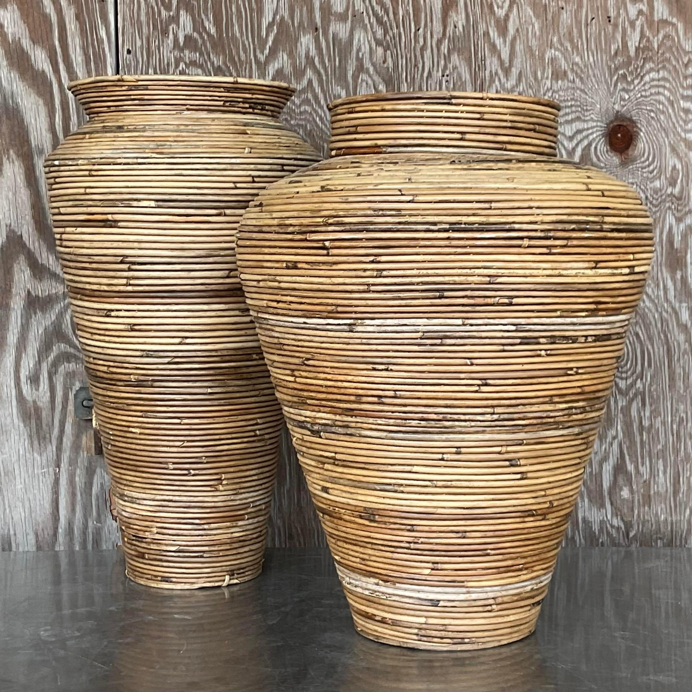 Philippine Vintage Coastal Pencil Reed Vases - Set of 2 For Sale