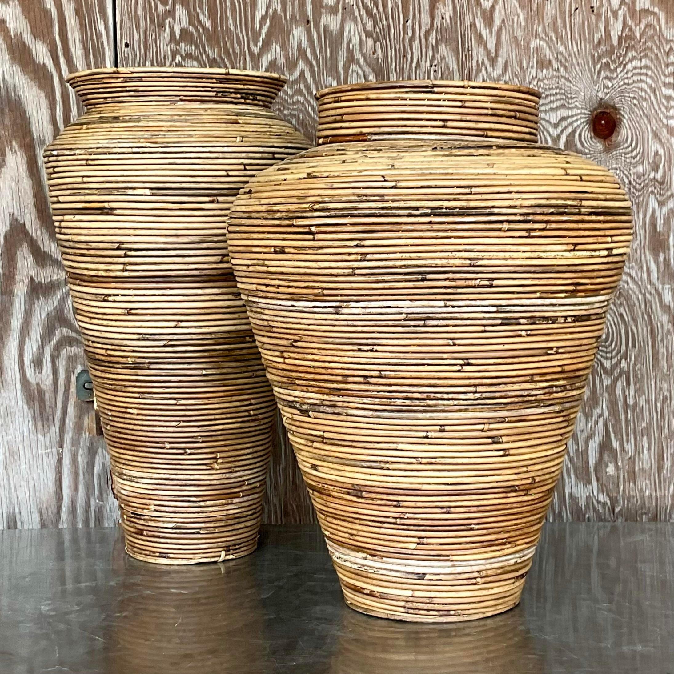 Vintage Coastal Pencil Reed Vases - Set of 2 In Good Condition For Sale In west palm beach, FL