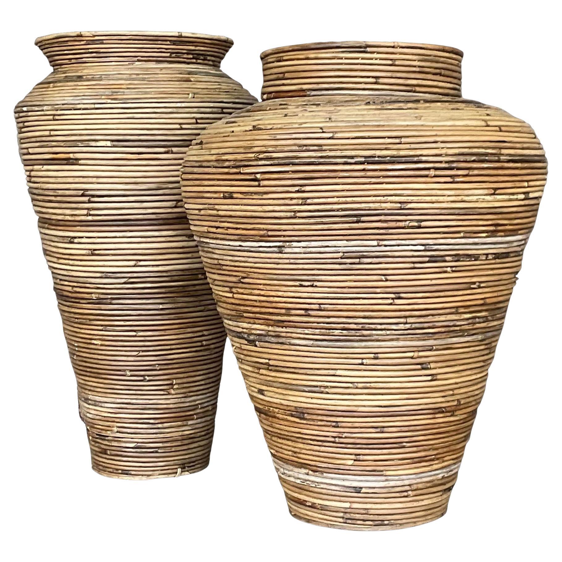 Vintage Coastal Pencil Reed Vases - Set of 2 For Sale