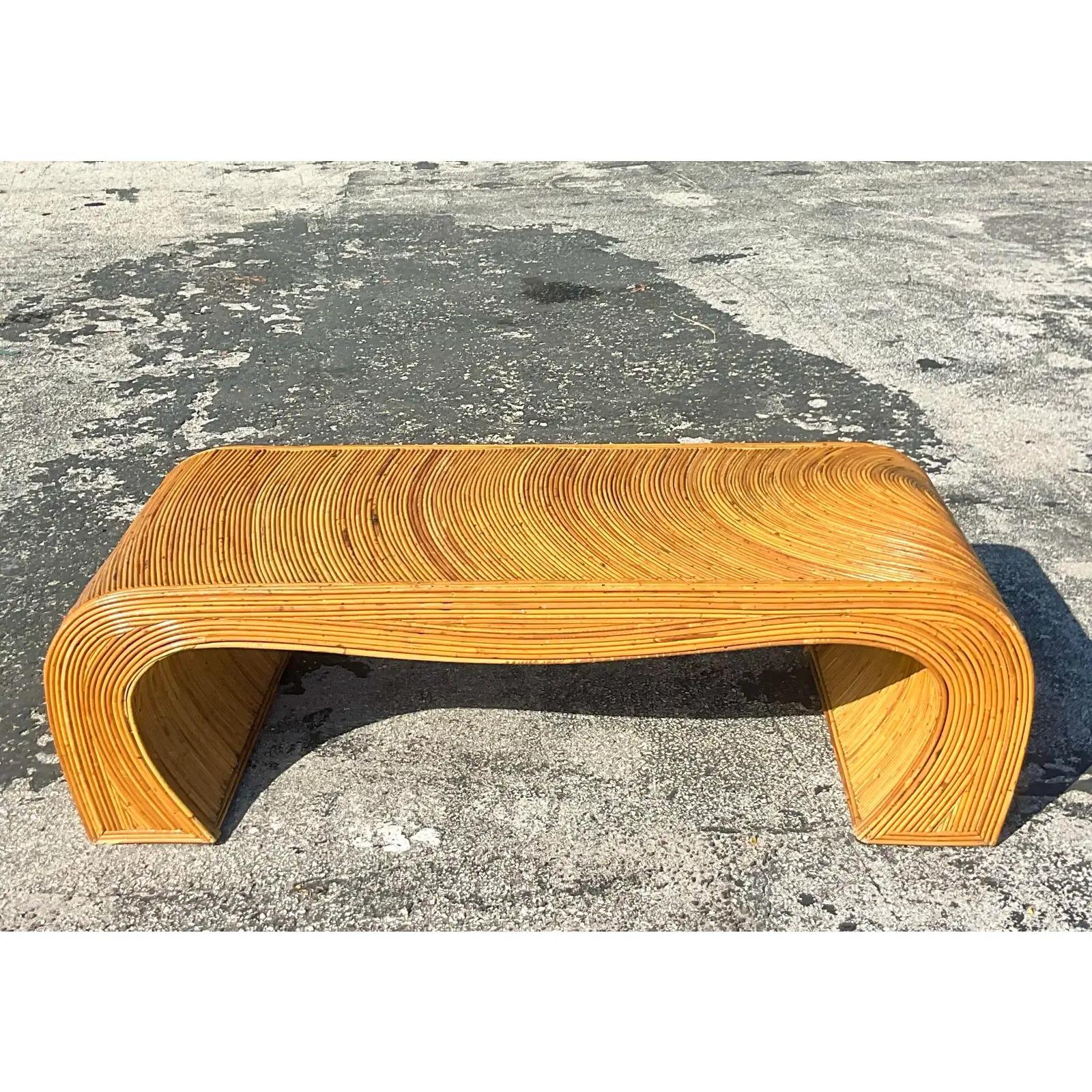 Vintage Coastal Pencil Reed Waterfall Coffee Table In Good Condition In west palm beach, FL