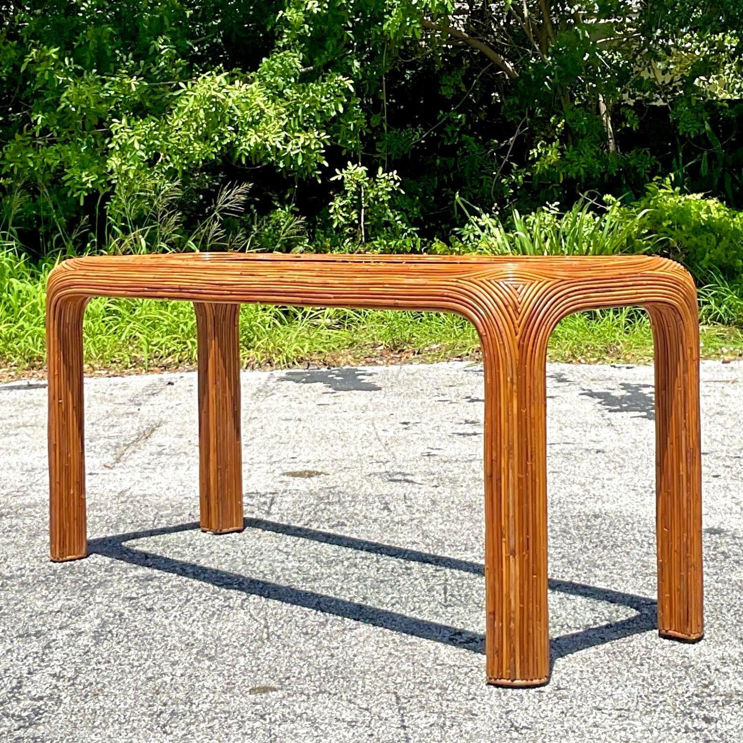 Philippine Vintage Coastal Pencil Reed Waterfall Console Table For Sale
