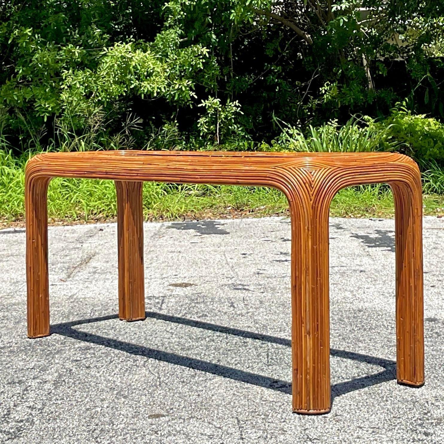 Vintage Coastal Pencil Reed Waterfall Console Table In Good Condition For Sale In west palm beach, FL