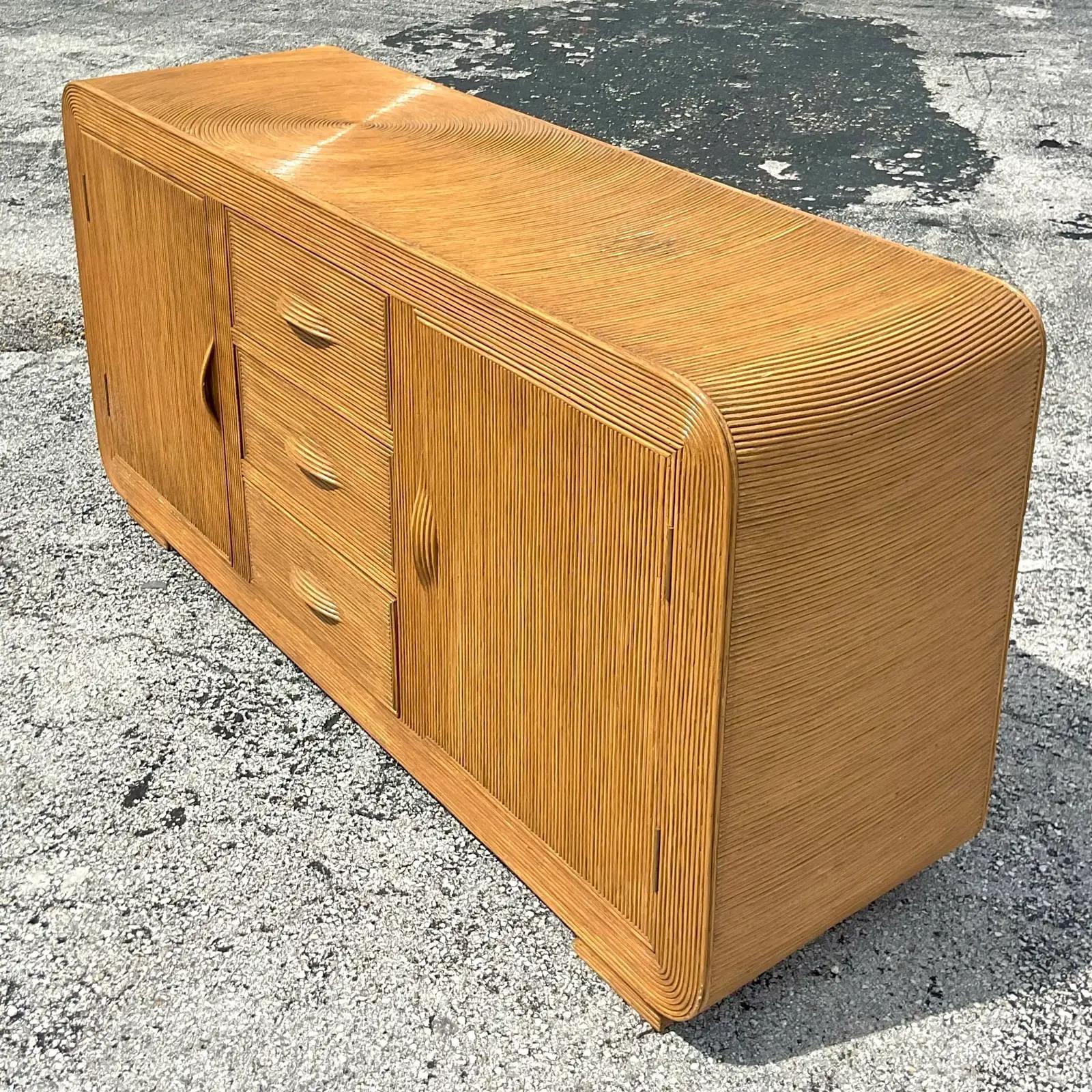 Vintage Coastal Pencil Reed Waterfall Credenza In Good Condition In west palm beach, FL