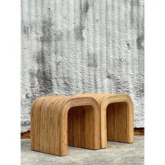 Vintage Coastal Pencil Reed Waterfall Side Table - a Pair