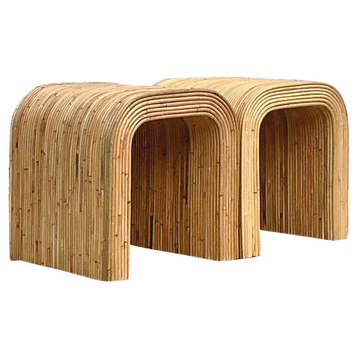 Vintage Coastal Pencil Reed Waterfall Beistelltisch - ein Paar