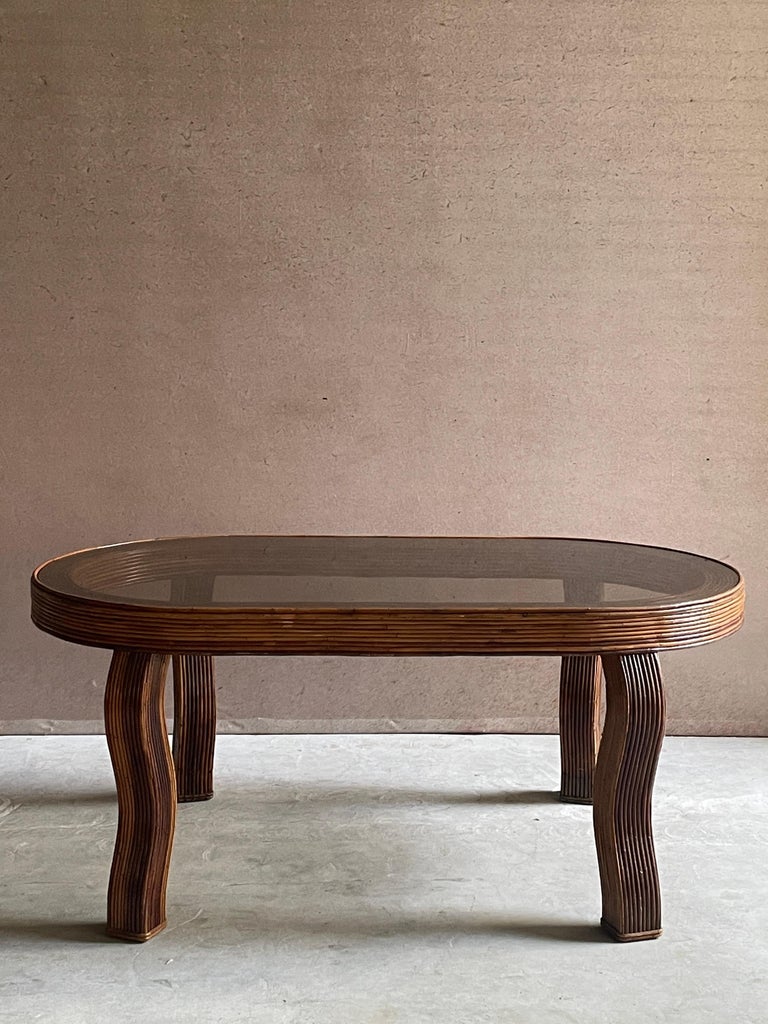 Vintage Coastal Pencil Reed Wavy Legged and Smoked Glass Dining Table ...