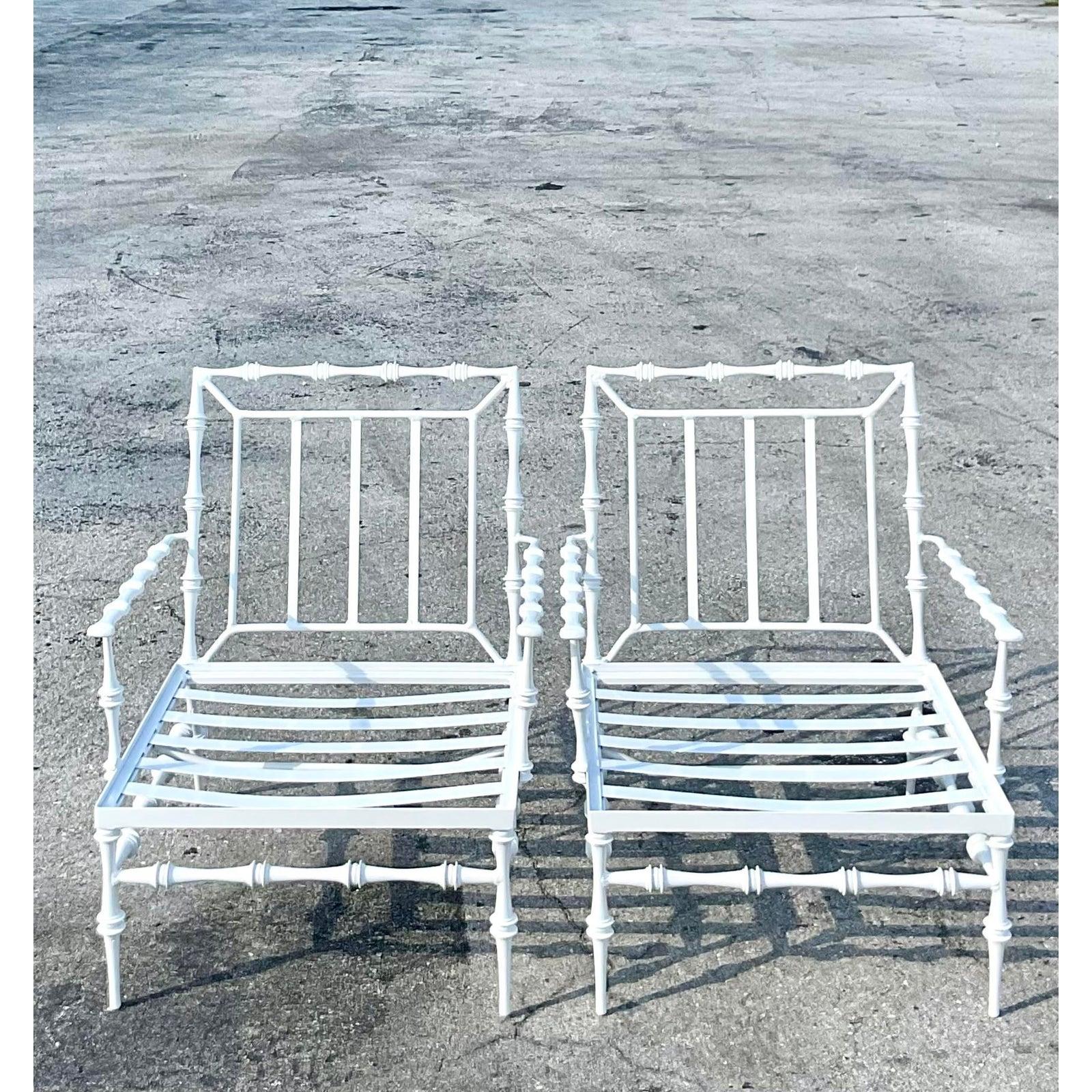North American Vintage Coastal Phyllis Morris Faux Bamboo Lounge Chairs, a Pair