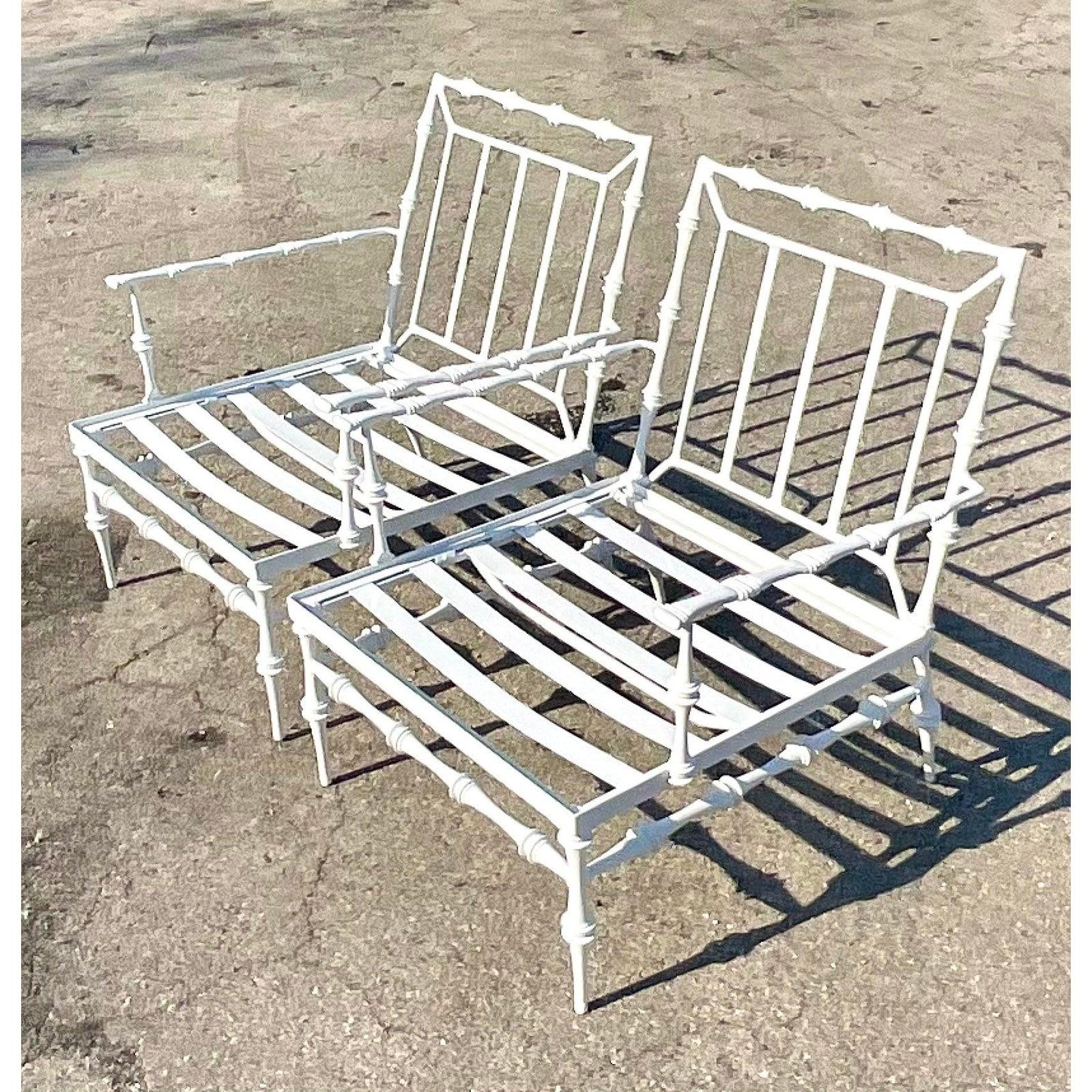Aluminum Vintage Coastal Phyllis Morris Faux Bamboo Lounge Chairs, a Pair