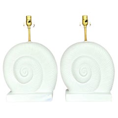 Vintage Coastal Plaster and Lucite Nautilus Shell Lamps - a Pair