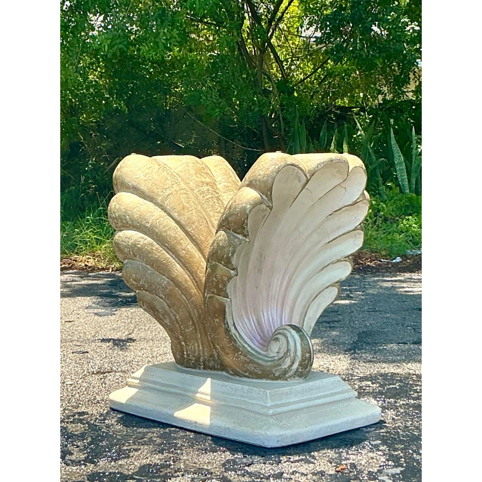 Fiberglass Vintage Coastal Plaster Clam Shell Table Pedestal For Sale