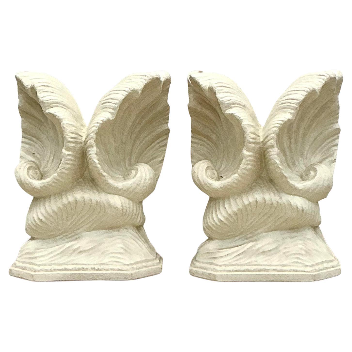 Vintage Coastal Plaster Clam Shell Table Pedestals - Set of 2