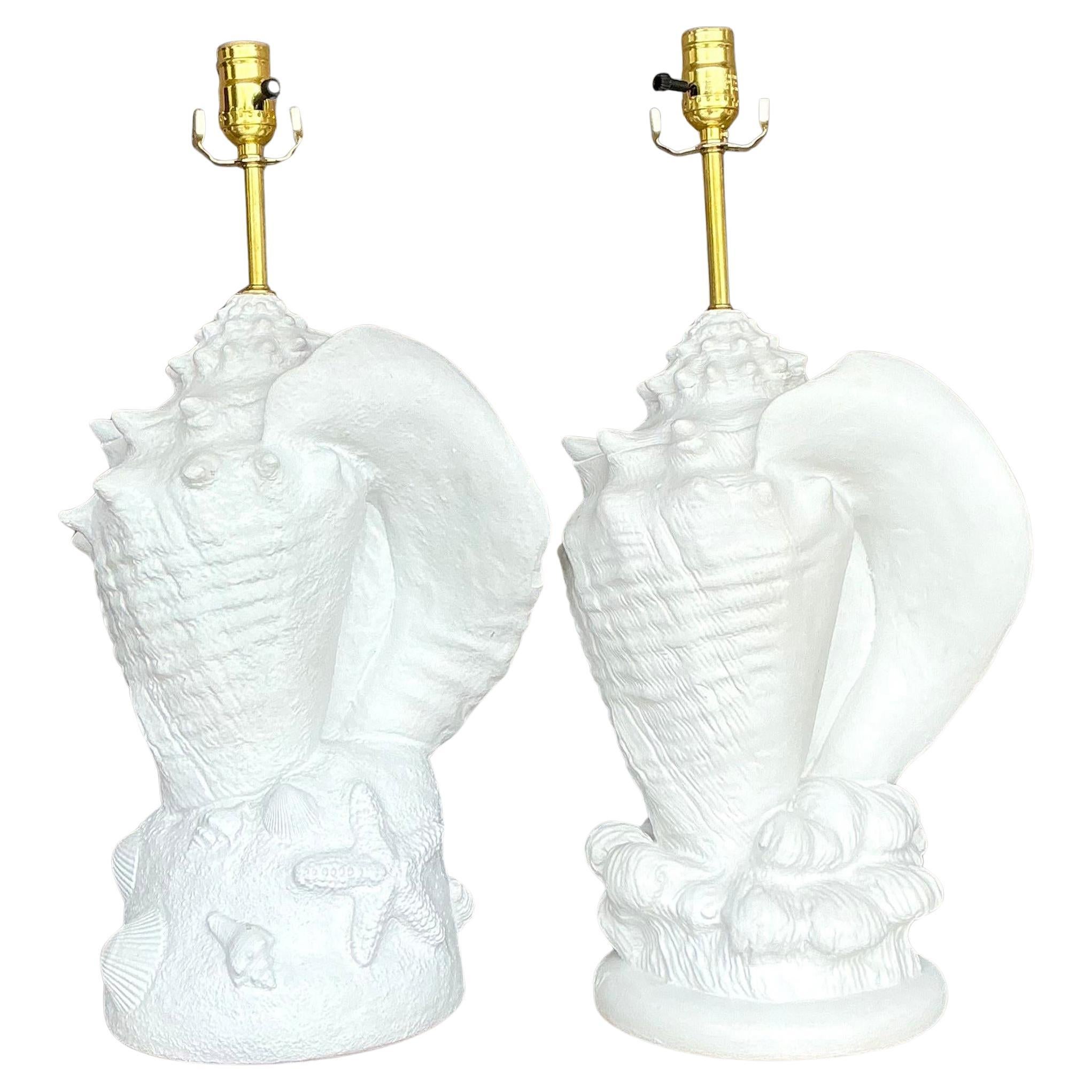 Vintage Coastal Plaster Conch Shell Lamps - Set of Two