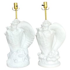Vintage Coastal Plaster Conch Shell Lamps - Set of Two