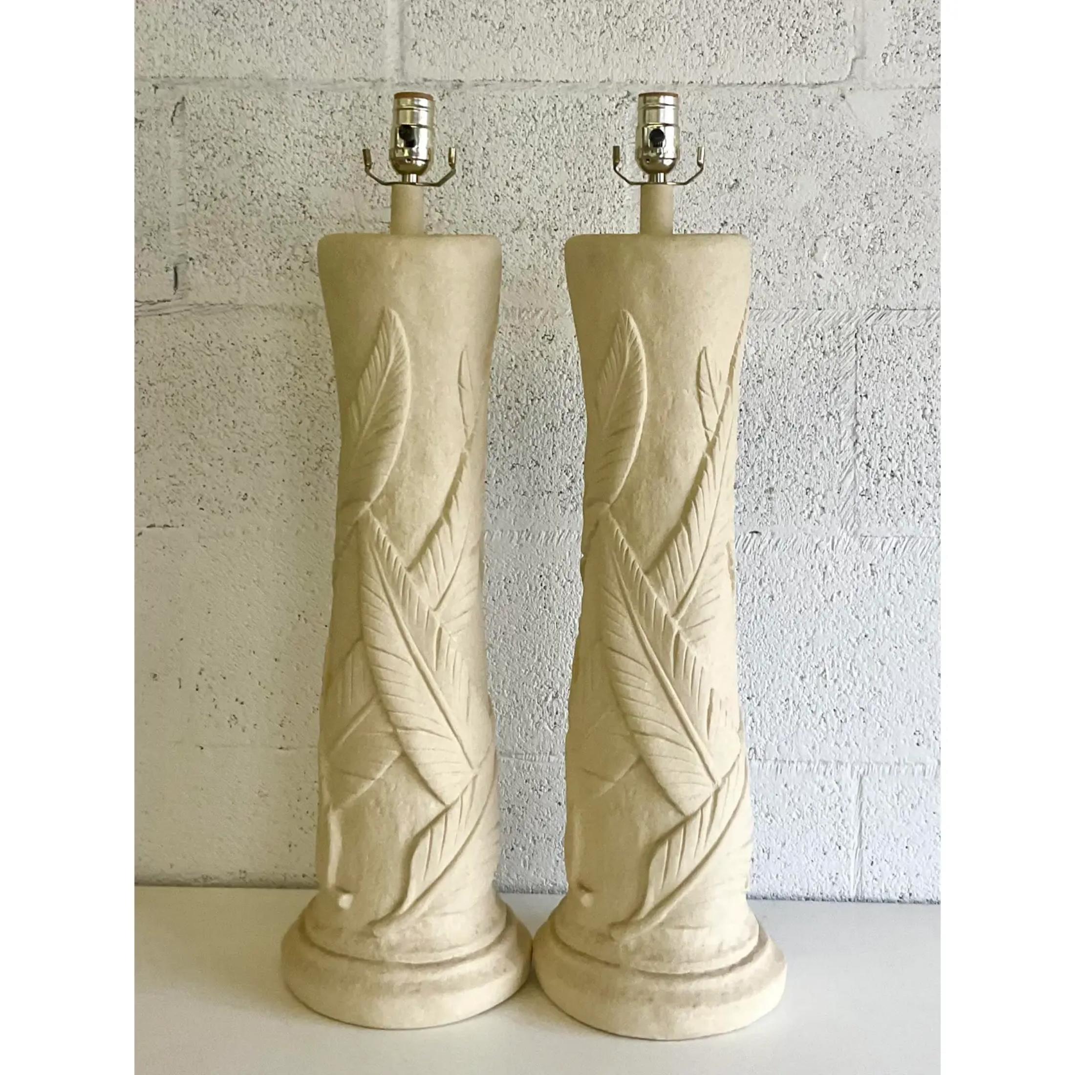 17th Century Vintage Coastal Plaster Fern Relief Table Lamps For Sale