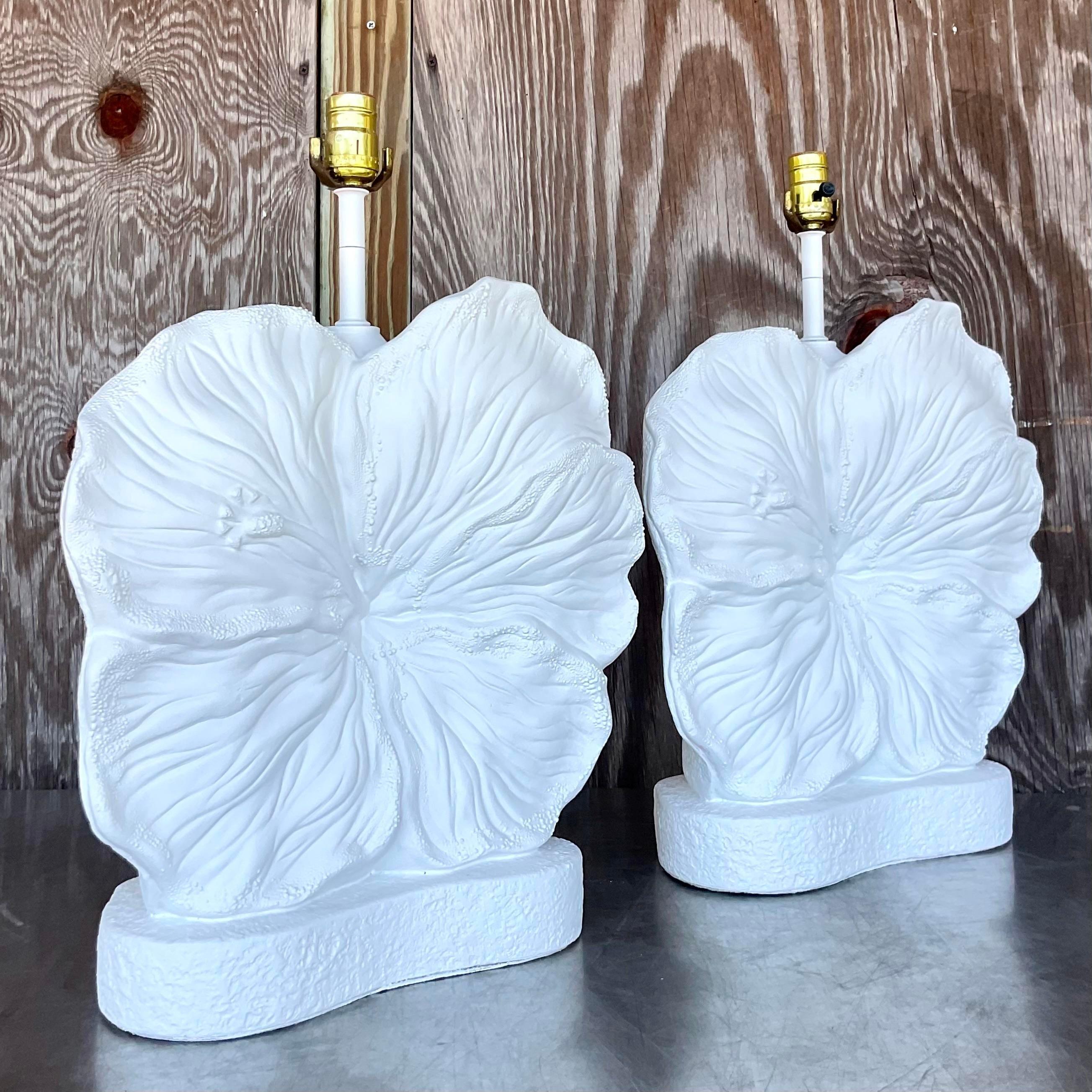 American Vintage Coastal Plaster Hibiscus Lamps - a Pair