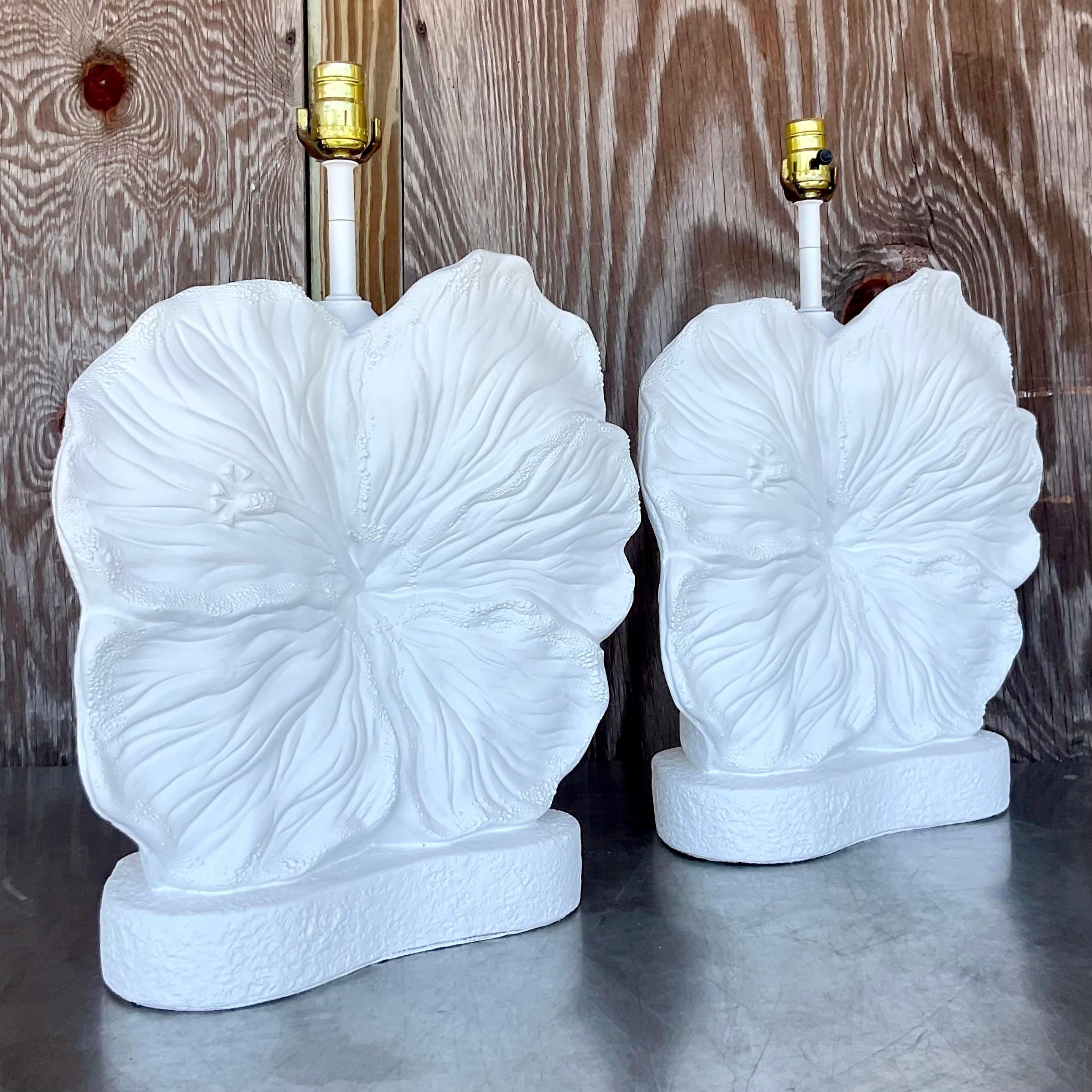 Vintage Coastal Plaster Hibiscus Lamps - a Pair In Good Condition In west palm beach, FL