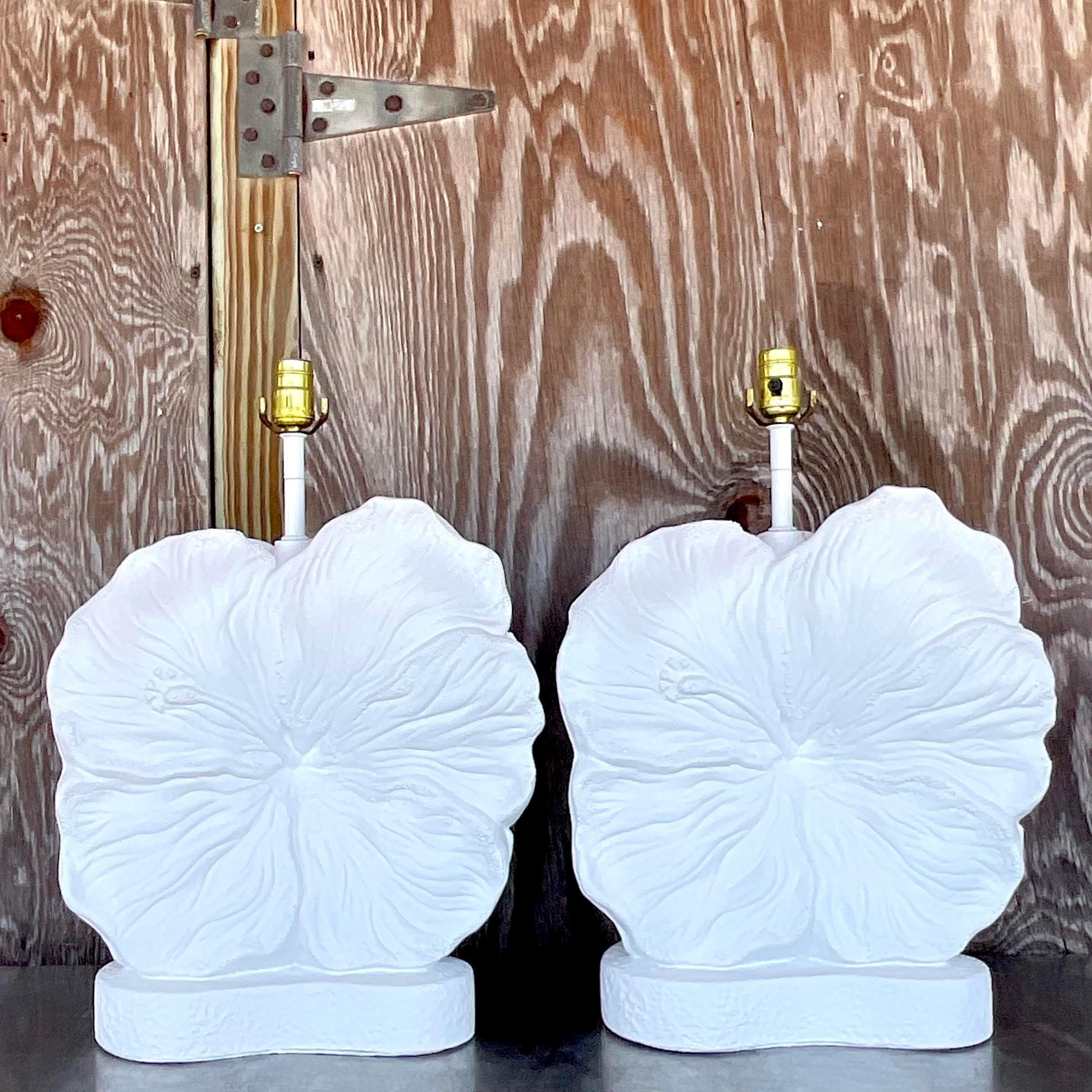 Metal Vintage Coastal Plaster Hibiscus Lamps - a Pair