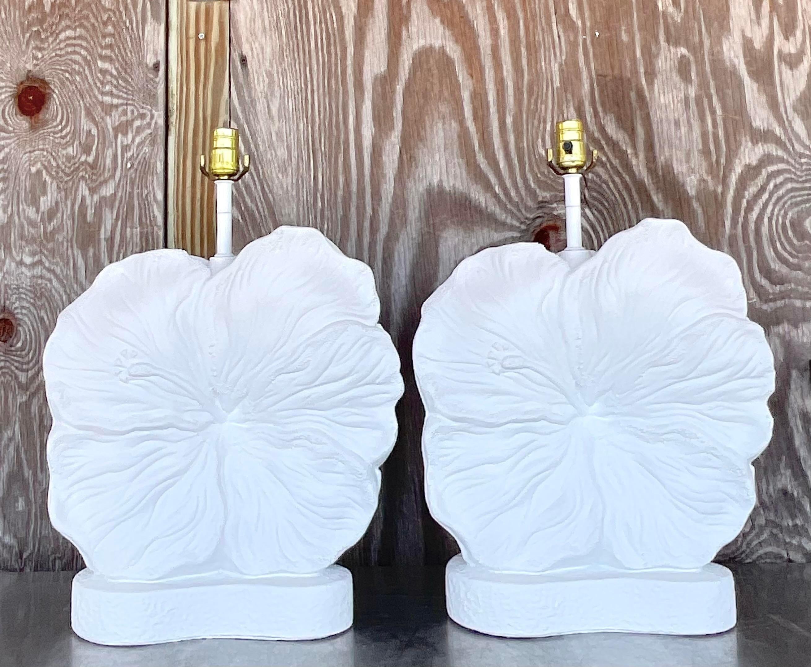 Vintage Coastal Plaster Hibiscus Lamps - a Pair 1