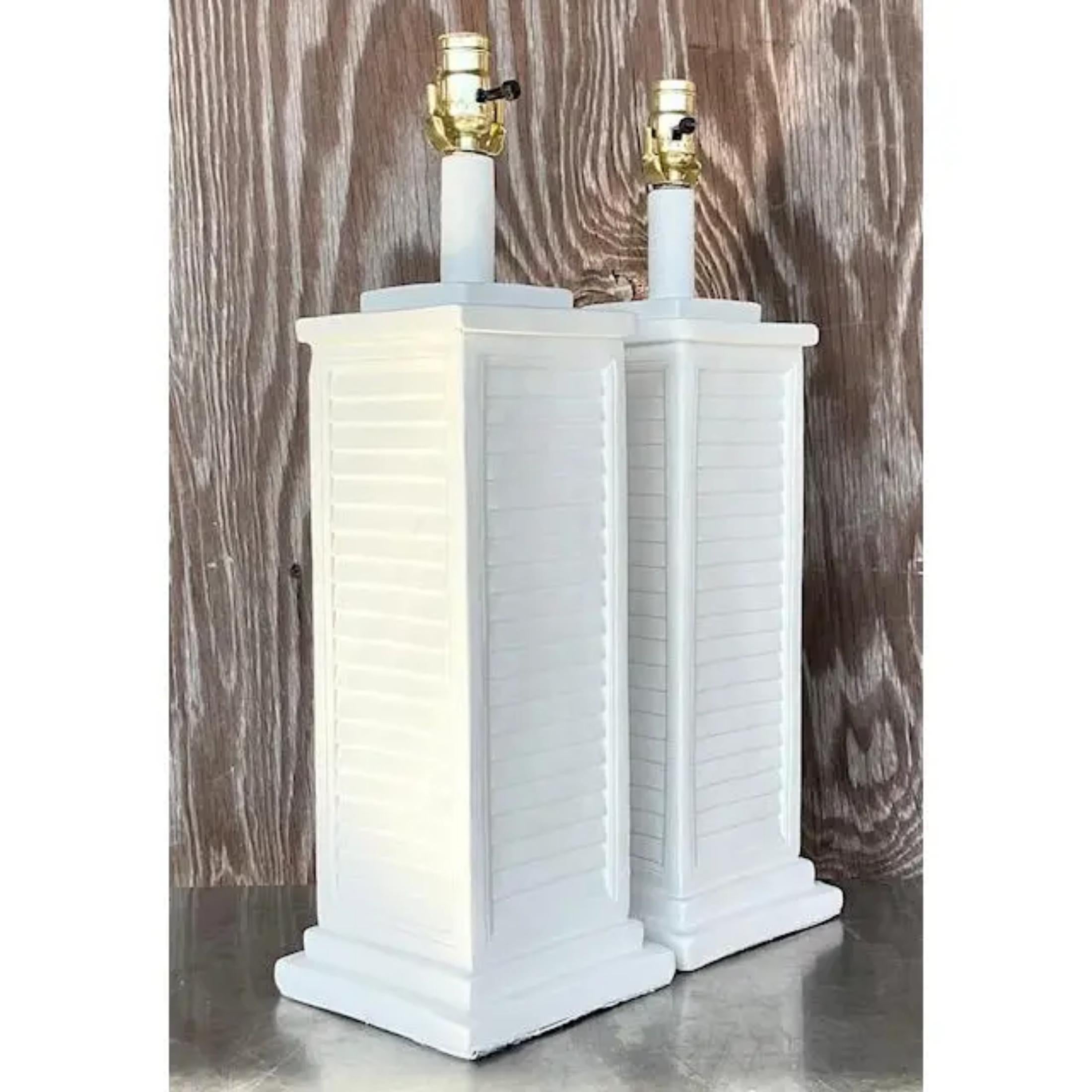 American Vintage Coastal Plaster Louvered Table Lamps - a Pair For Sale