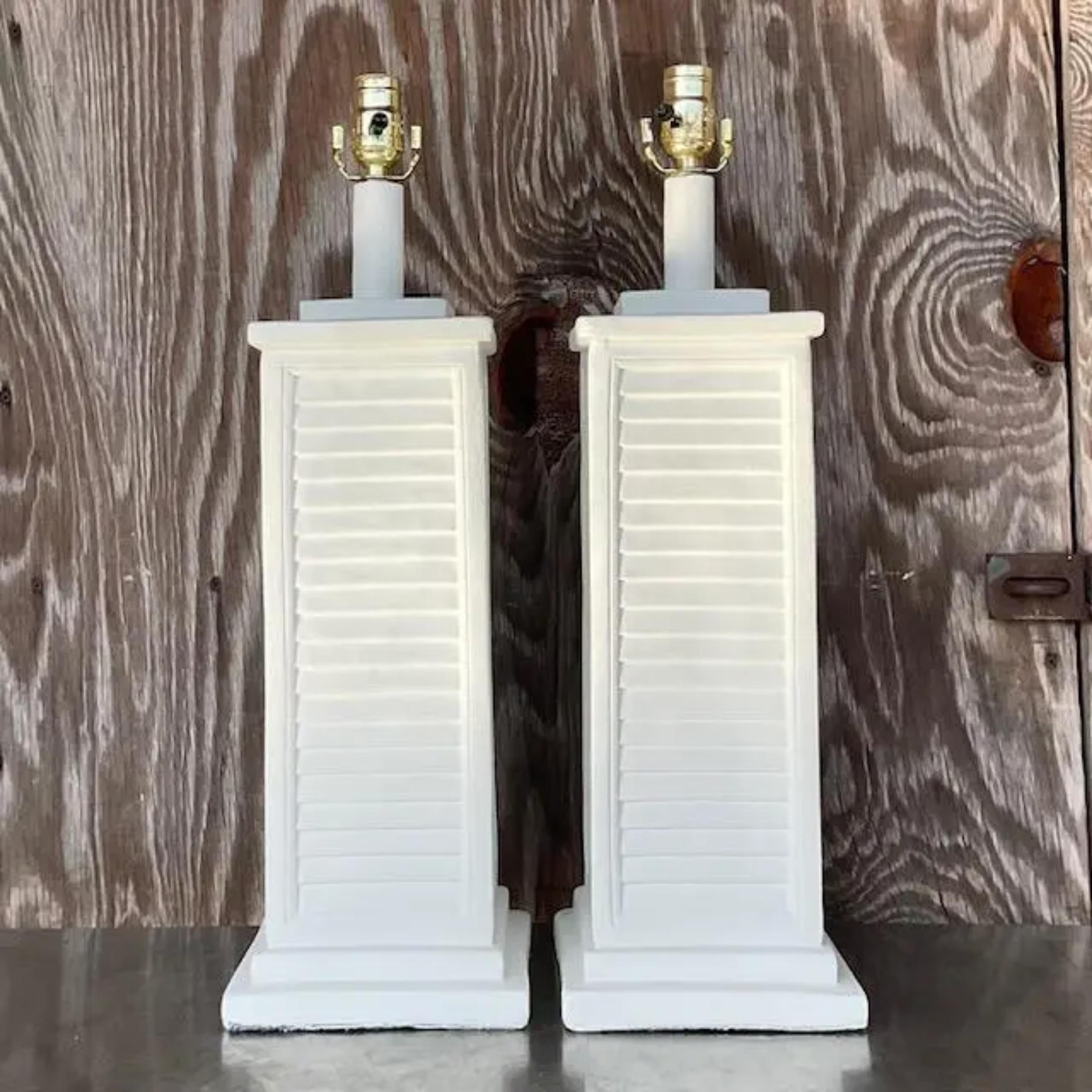 Vintage Coastal Plaster Louvered Table Lamps - a Pair In Good Condition For Sale In west palm beach, FL