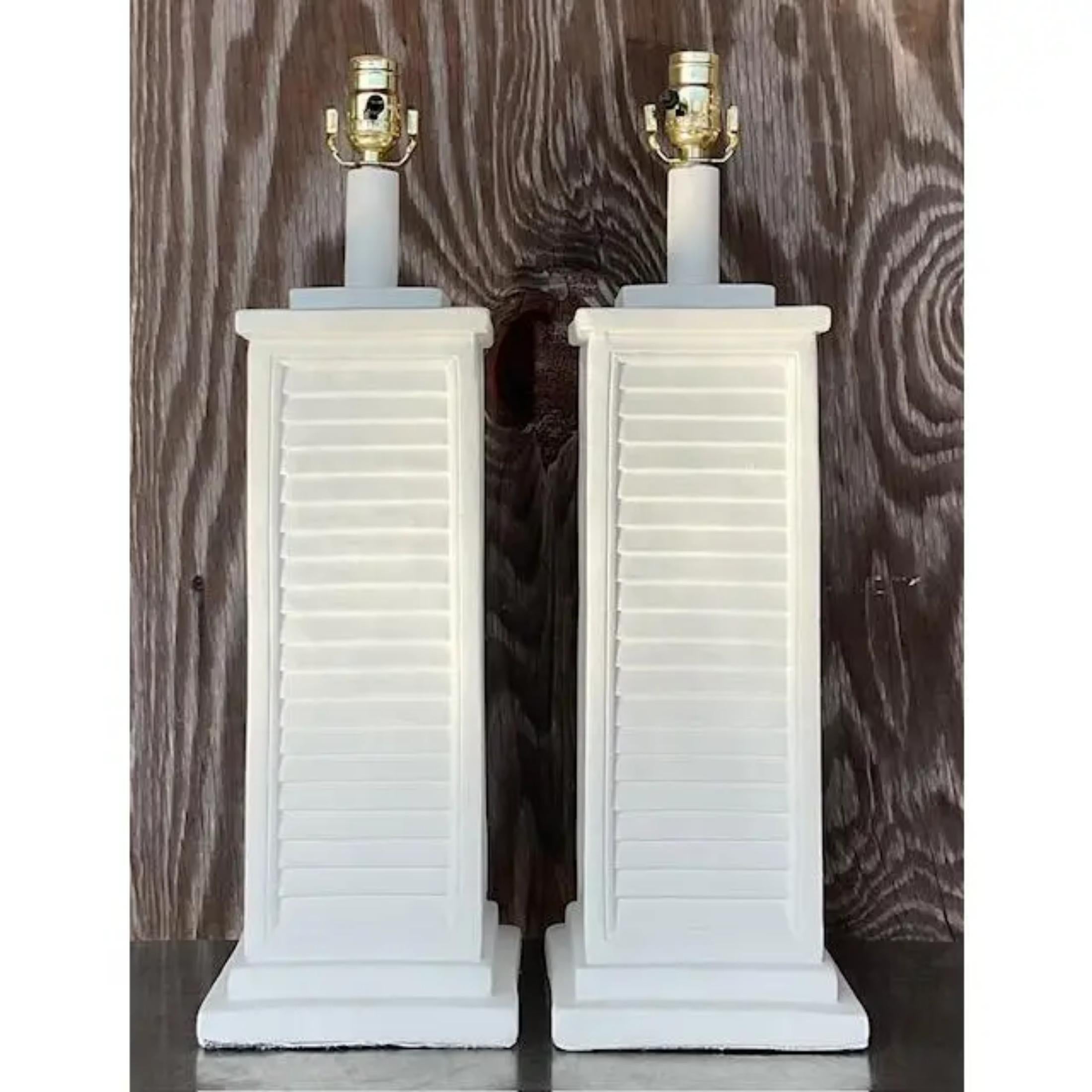 20th Century Vintage Coastal Plaster Louvered Table Lamps - a Pair For Sale
