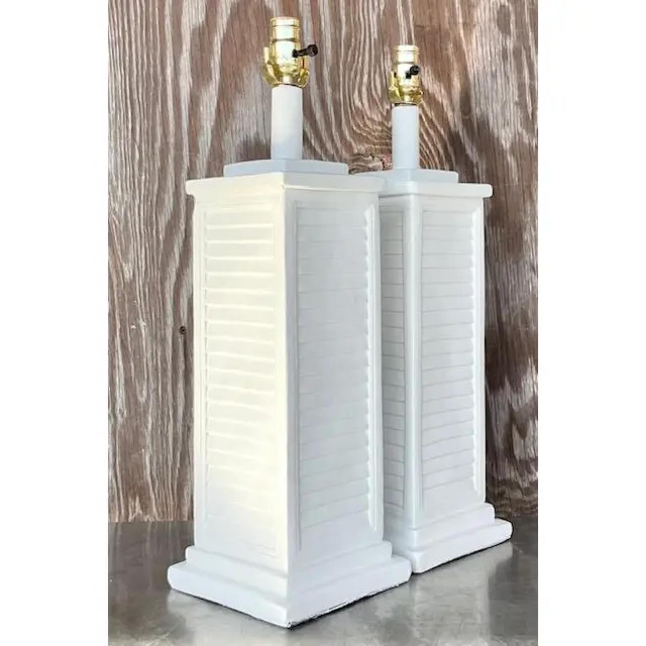 Metal Vintage Coastal Plaster Louvered Table Lamps - a Pair For Sale