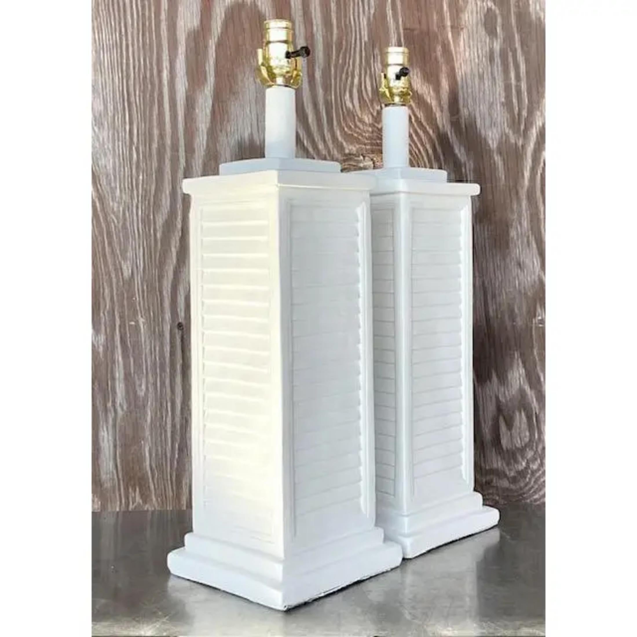 Vintage Coastal Plaster Louvered Table Lamps - a Pair For Sale 1