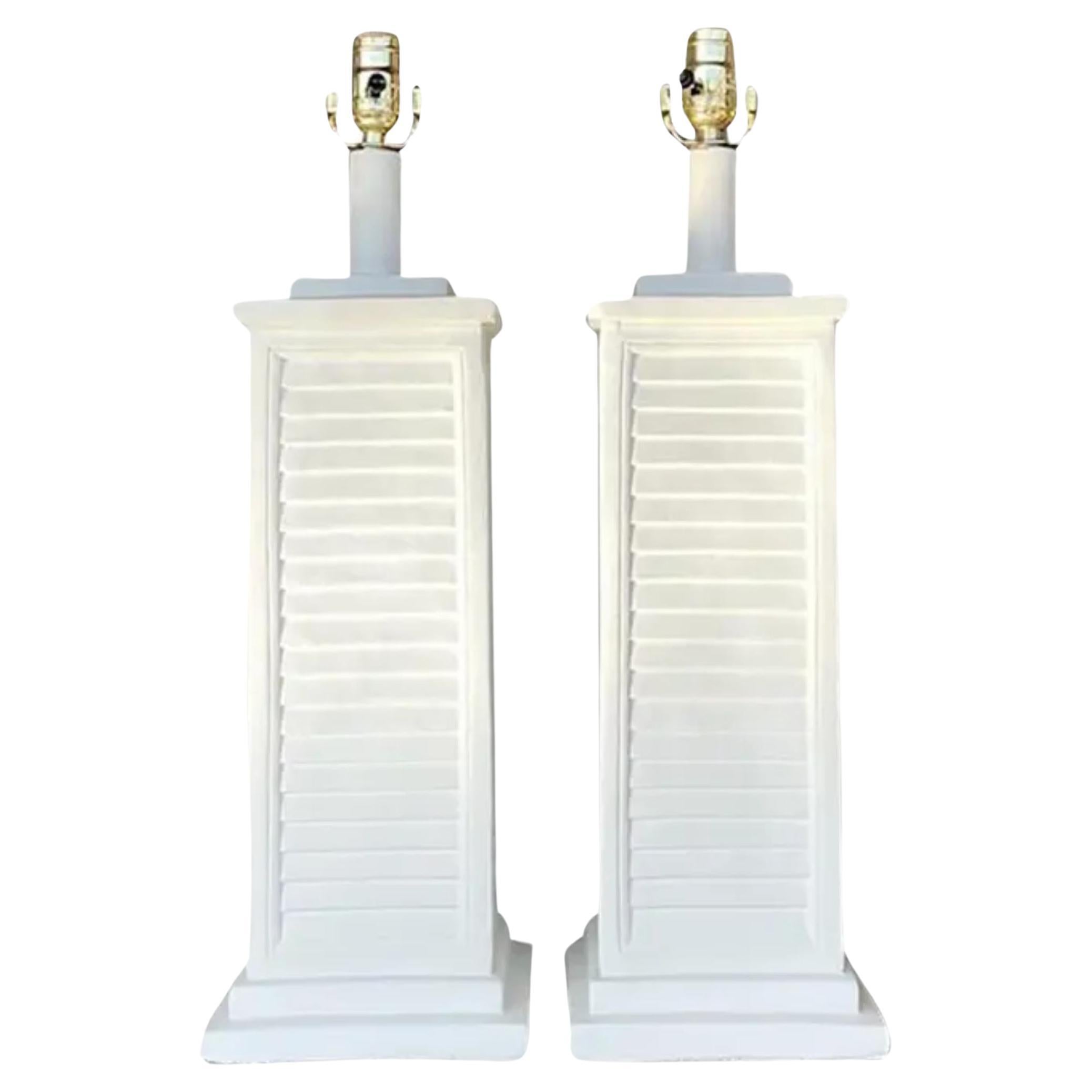 Vintage Coastal Plaster Louvered Table Lamps - a Pair For Sale