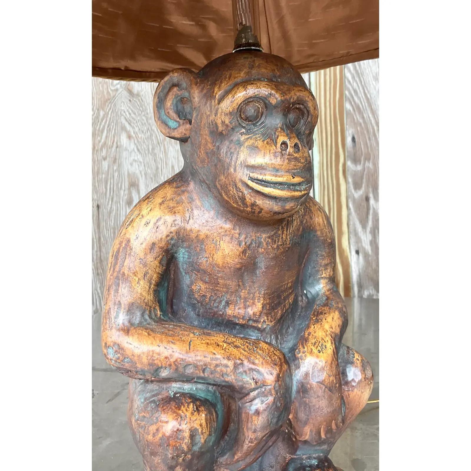 Vintage Coastal Plaster Monkey Lamp In Good Condition In West Palm Beach, FL