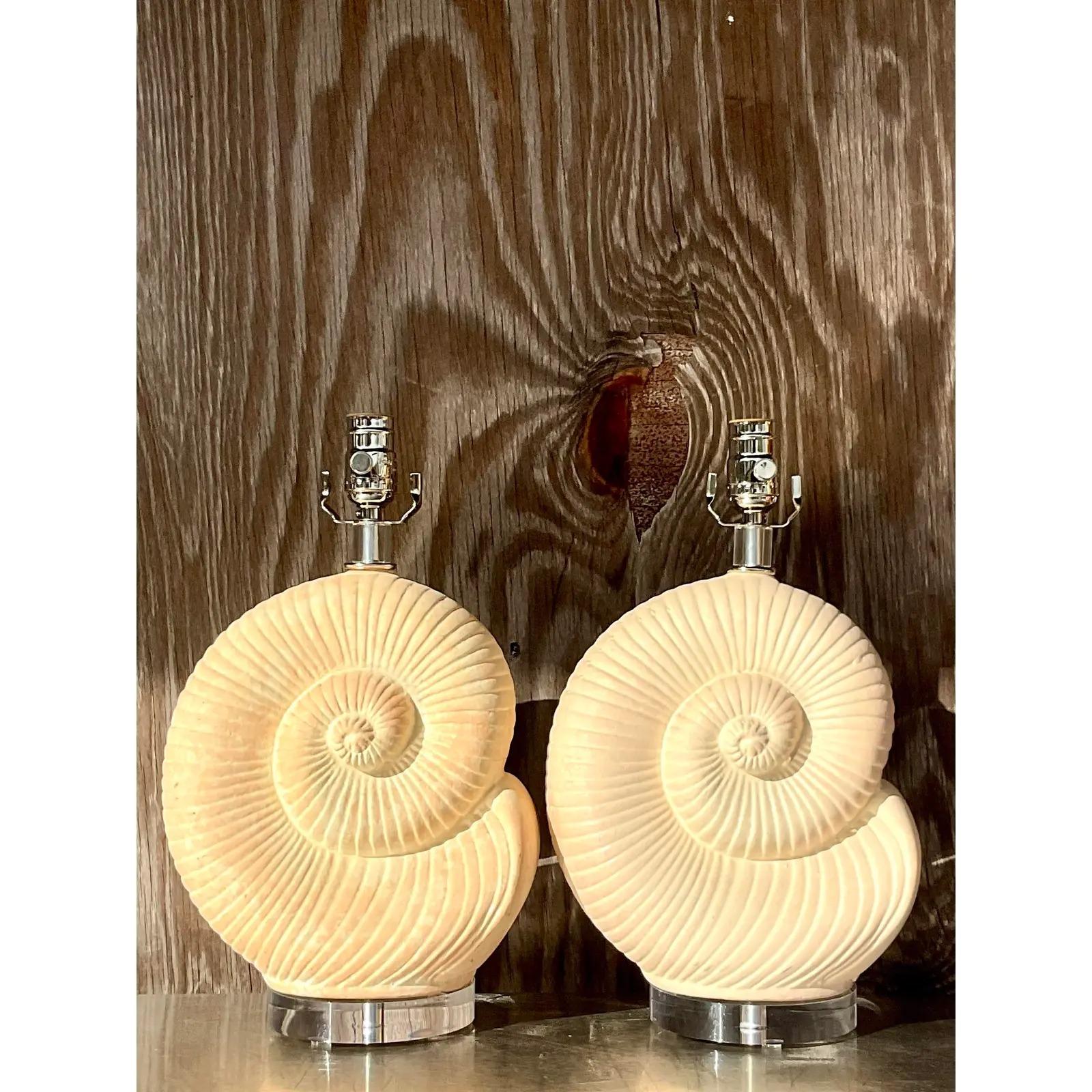 North American Vintage Coastal Plaster Nautilus Shell Lamps, Pair
