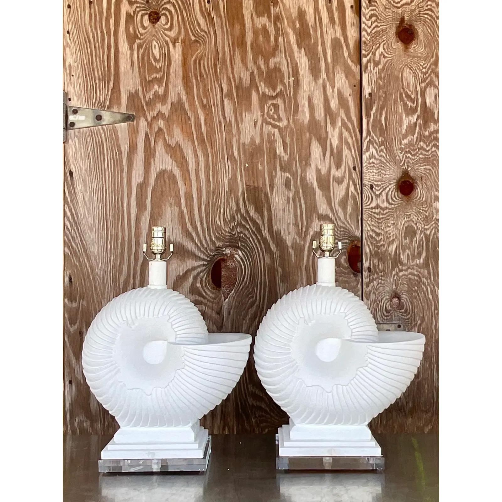North American Vintage Coastal Plaster Nautilus Shell Lamps - a Pair For Sale